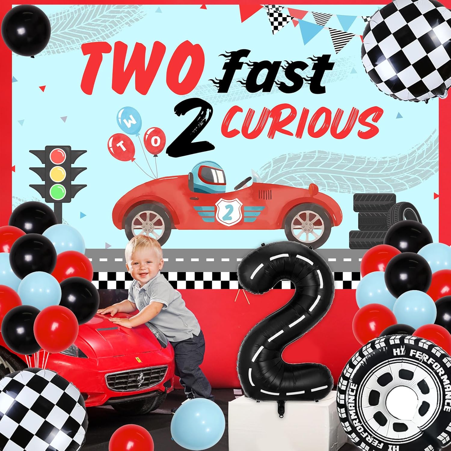 Two Fast Two Curious – Decoraciones de cumpleaños para niño, decoración de segundo cumpleaños de coche de carreras, retro, rojo, negro, azul, arco