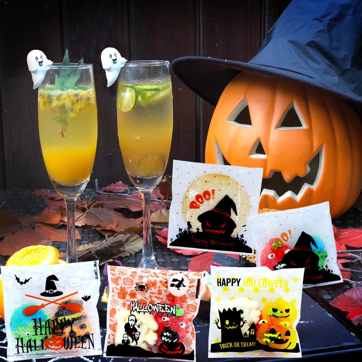 MOLIDA 300 bolsas de dulces de celofán de Halloween, bolsas transparentes para dulces de galletas con adhesivo Sslf para suministros de fiesta de