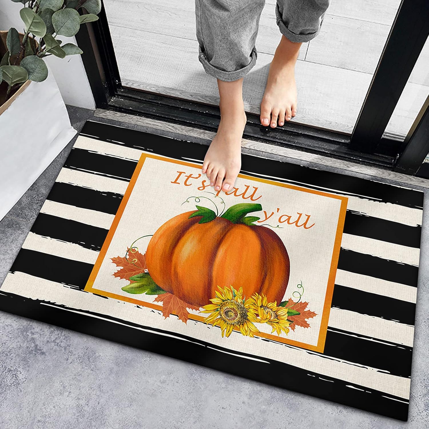 Bath Mat Non-Slip Indoor Doormats, Bath Rugs Autumn Pumpkin Sunflower Maple Leaf,Low-Profile Mats Kitchen Carpets for Home Bedroom Entrance Decor