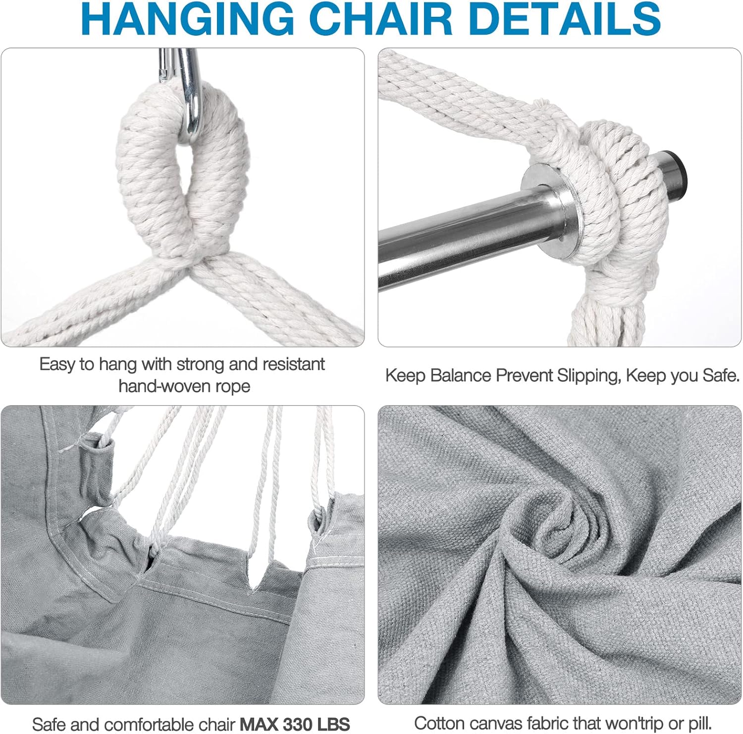 Silla hamaca colgante de cuerda, silla colgante portátil desmontable de metal con soporte de metal, hamaca columpio con kit de herramientas, sin
