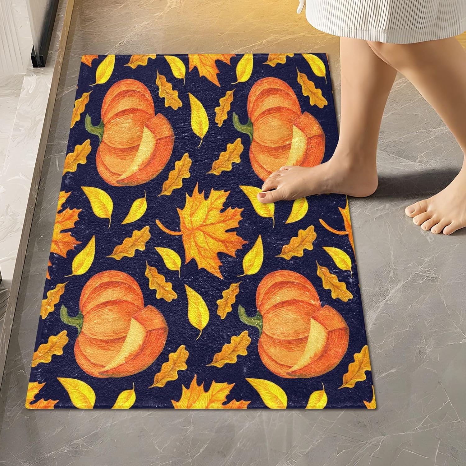 Bathroom Rugs Sets 2 Piece 24×16+24×20 Inch,Soft U-Shaped Contour Toilet Rug Orange Pumpkins Watercolor Non-Slip Absorbent Bath Floor Mat Carpet Set