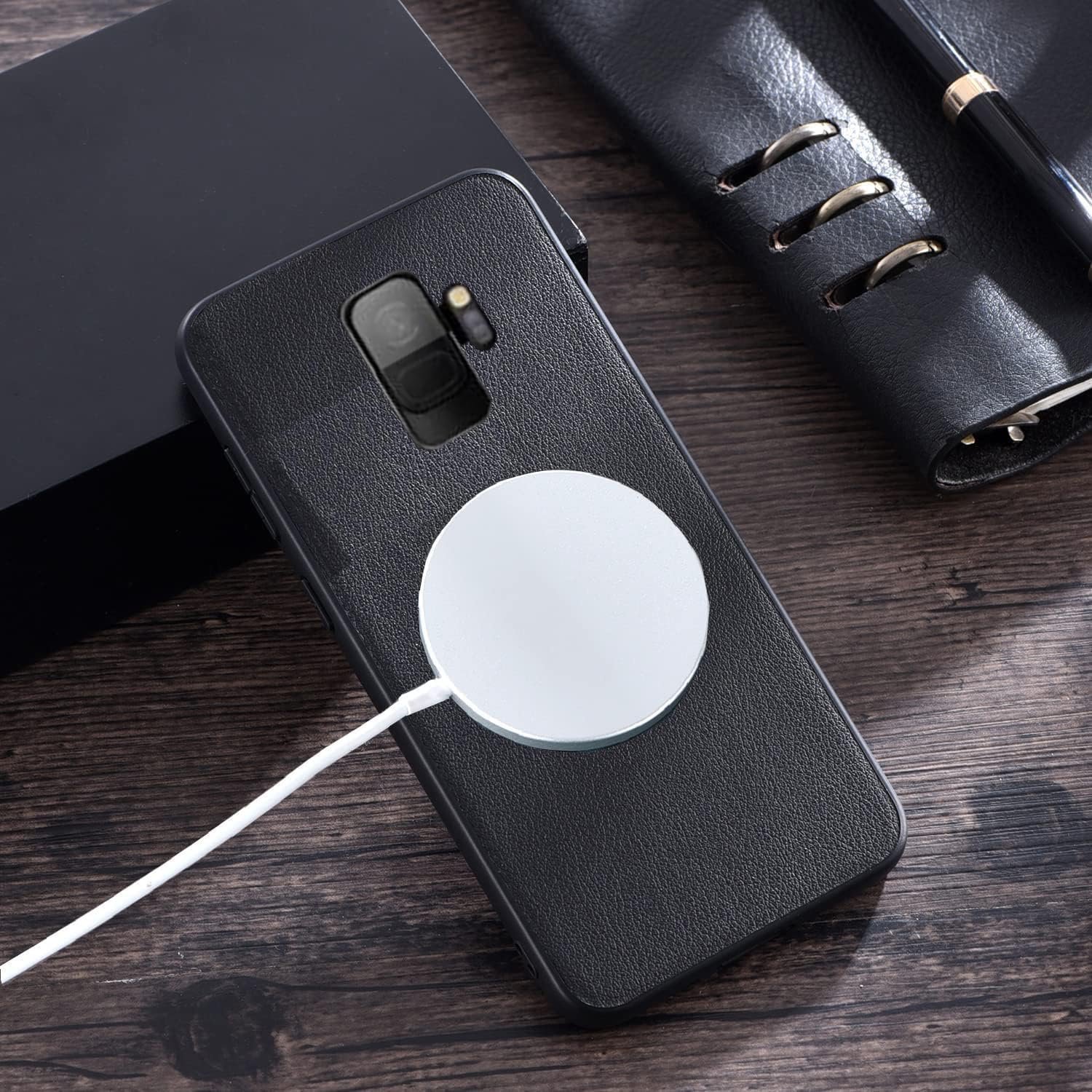 Funda para Samsung Galaxy S9 compatible con Magsafe Anillo de metal, Funda híbrida de TPU de cuero premium – Elegante funda protectora completa