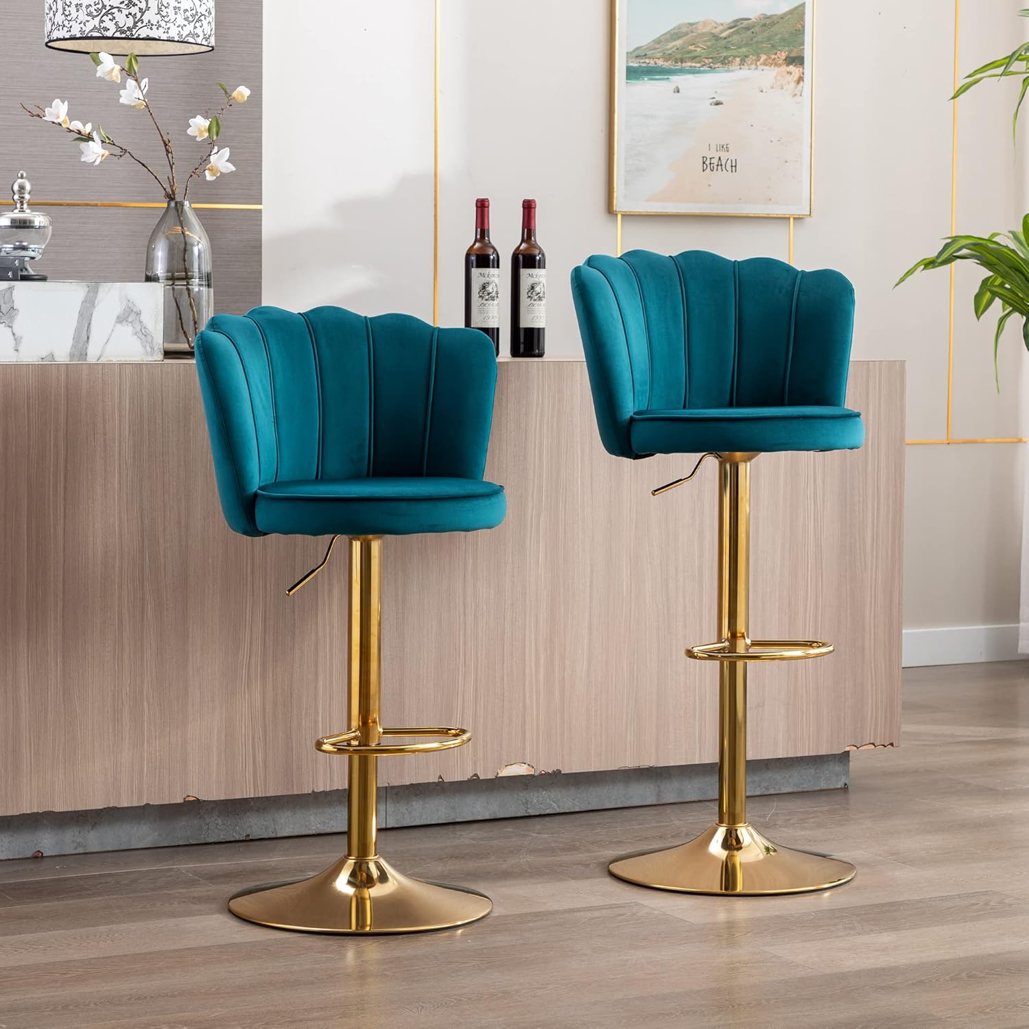 chairus Moderno juego de 2 taburetes de bar ajustables giratorios de altura de mostrador con base de metal dorado, cómodas sillas de bar tapizadas