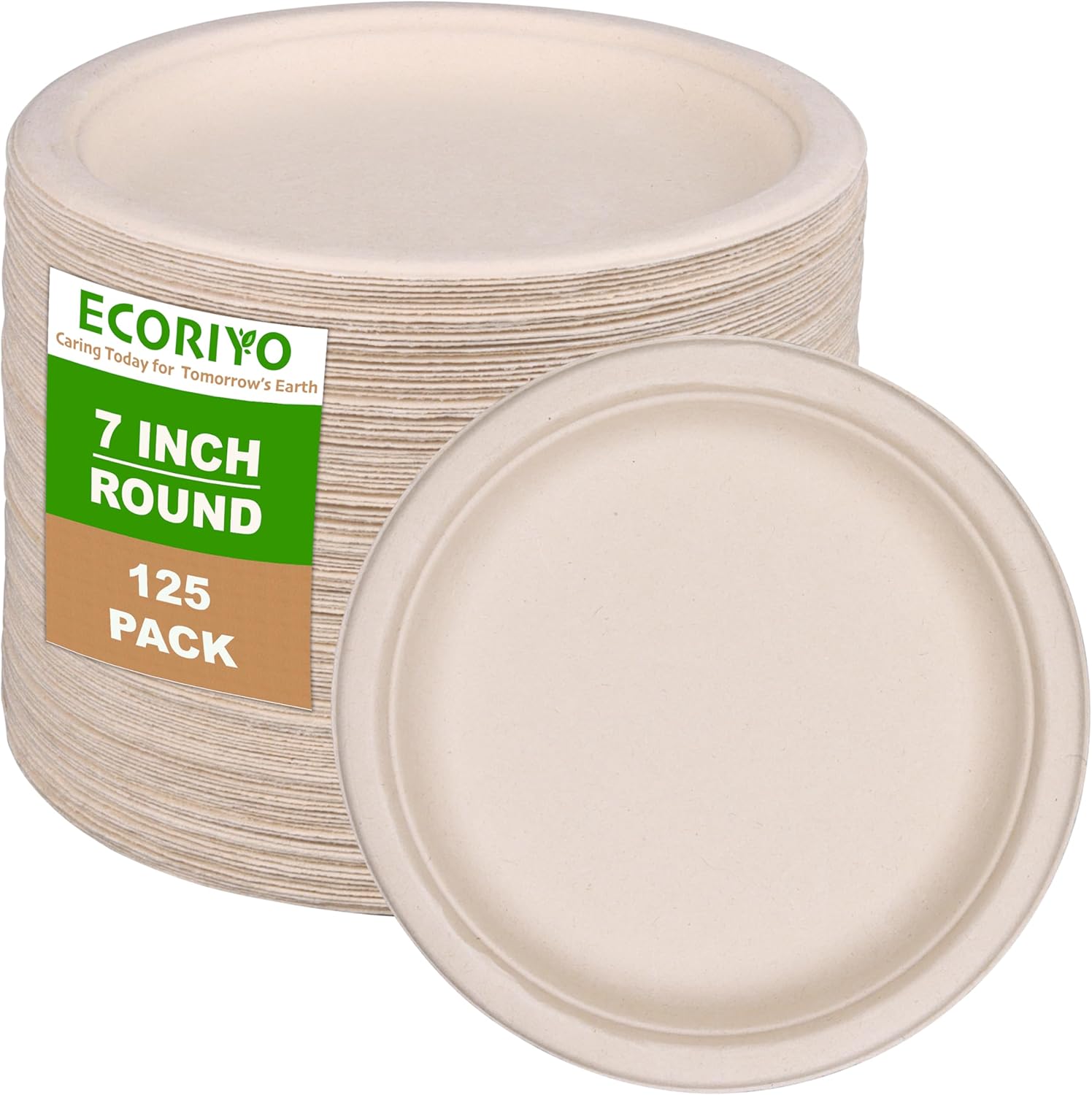 ECORIYO Platos compostables de 7 pulgadas, paquete de 125 platos biodegradables y platos de papel desechables, platos de papel resistentes de caña