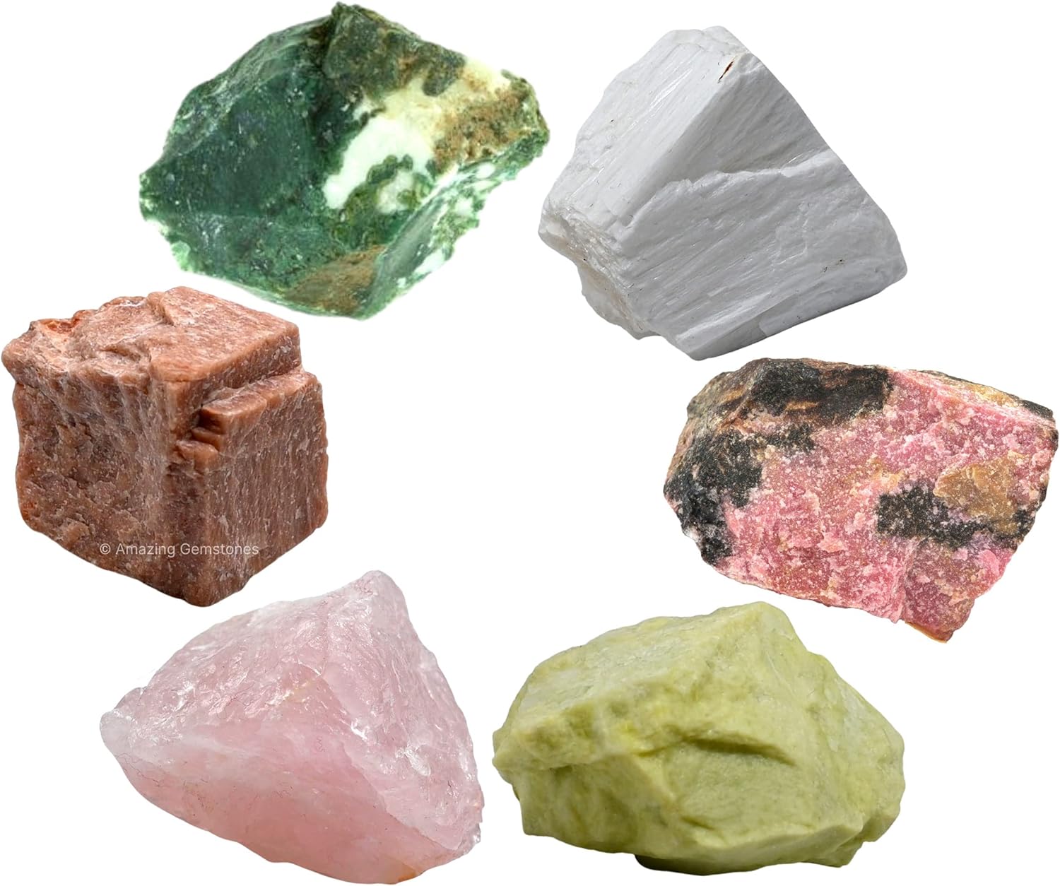 Cristales para manifestación de amor, juego de 6 cristales curativos de cuarzo rosa, rodonita, piedra lunar melocotón, serpentina, escolecita y