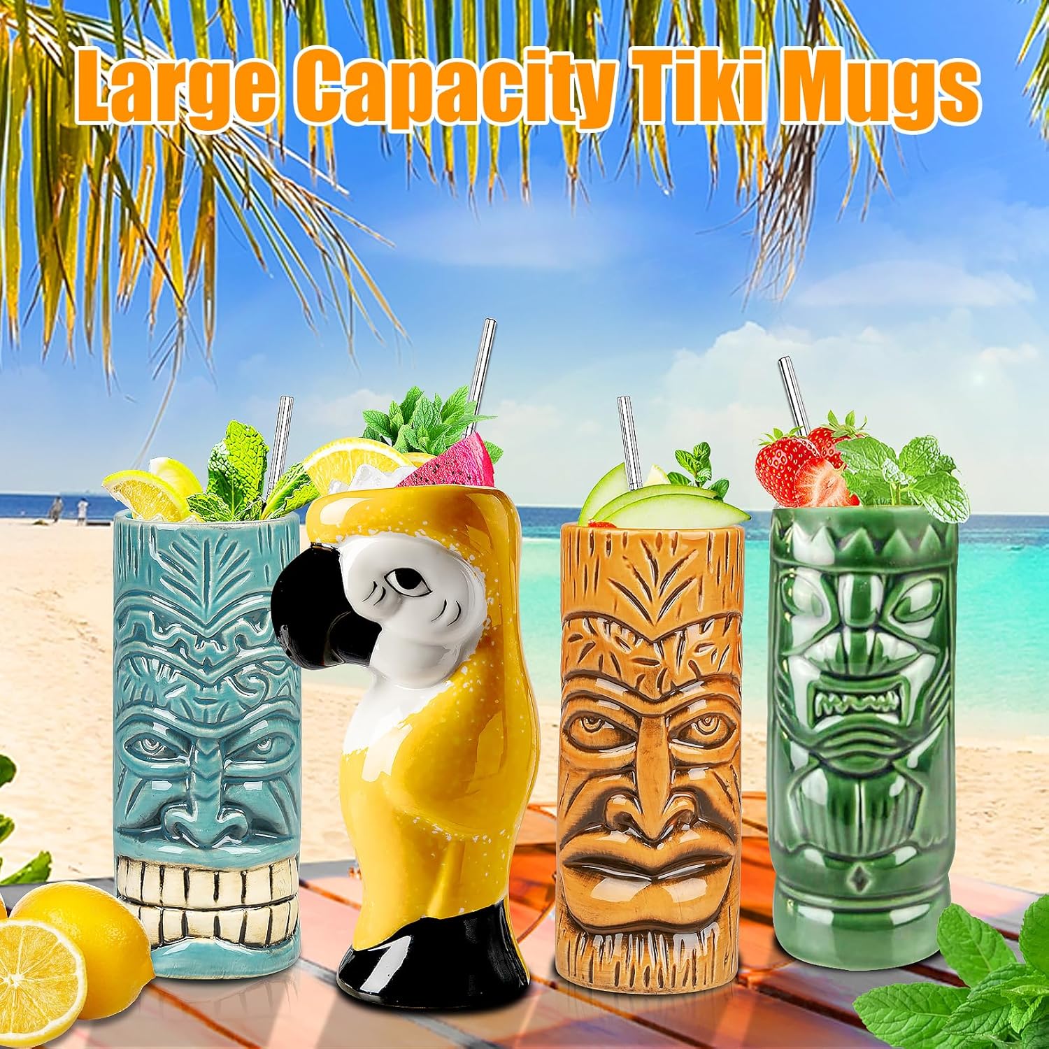 Tiki – Juego de 4 tazas de cóctel grandes hawaianas con pajitas, posavasos, jigger, colador, coctelera, púas de cóctel, Muddler, fiestas lindas
