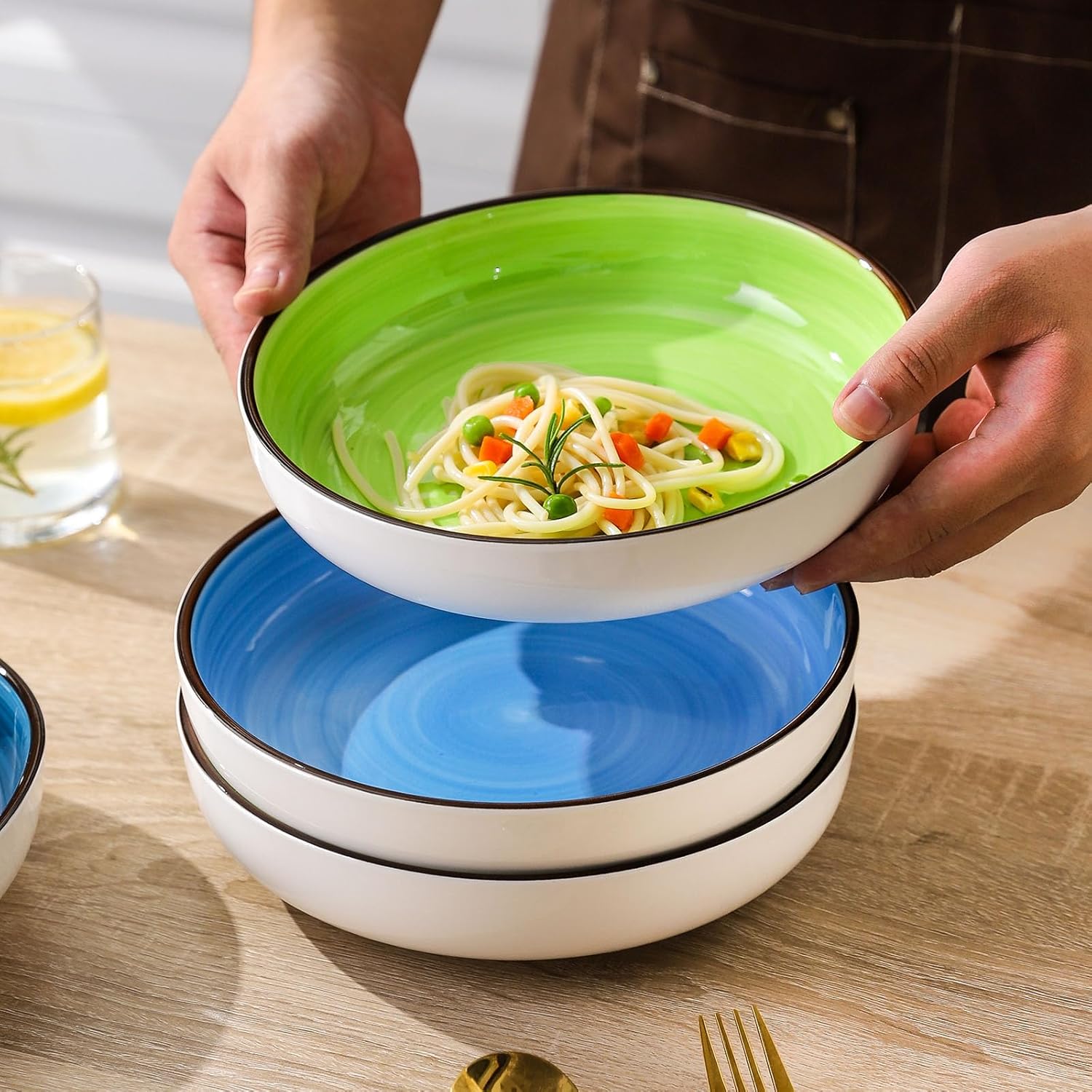 Tazones para pasta, 40 onzas, grandes ensaladeras, juego de 4, platos de cerámica para sopa para cocina, microondas y lavavajillas, varios colores