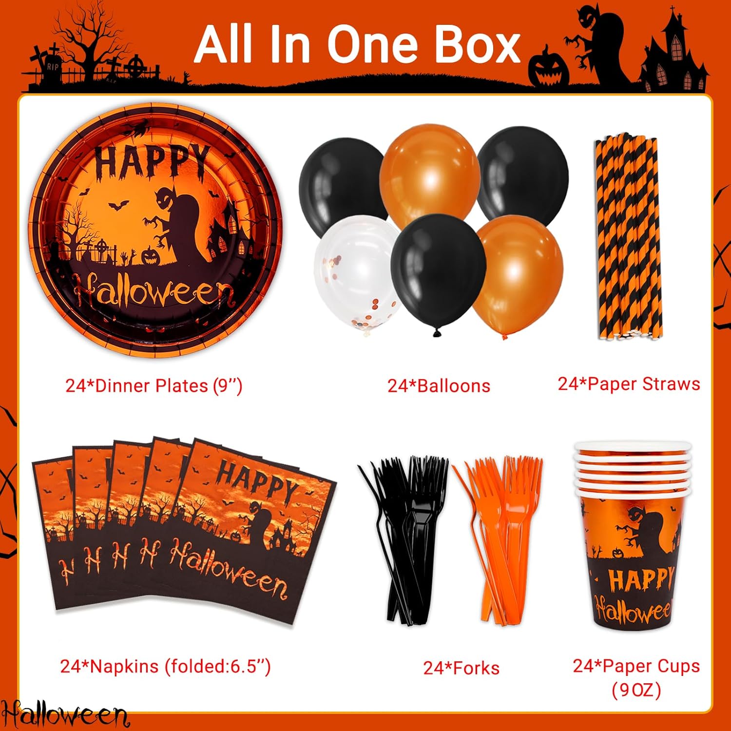 Suministros para fiestas de Halloween sirven 24 platos desechables para fiestas, platos desechables de Halloween, vasos de papel, servilletas de