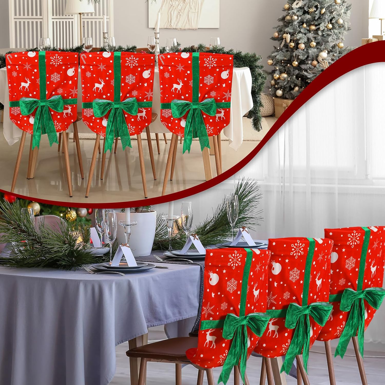 Buryeah Juego de 4 fundas para sillas de comedor de Navidad, fundas para sillas de comedor, extraíbles y lavables, diseño de arco de copo de nieve,