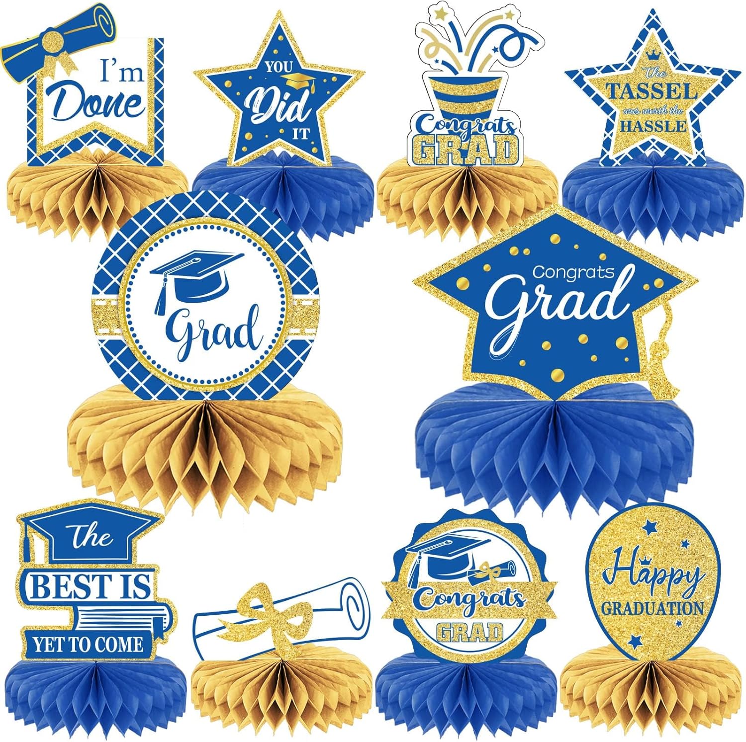 10 piezas de decoraciones de fiesta de graduación 2024 Felicidades graduados centros de mesa de panal de abeja Felicitaciones 2024 Felicitación de