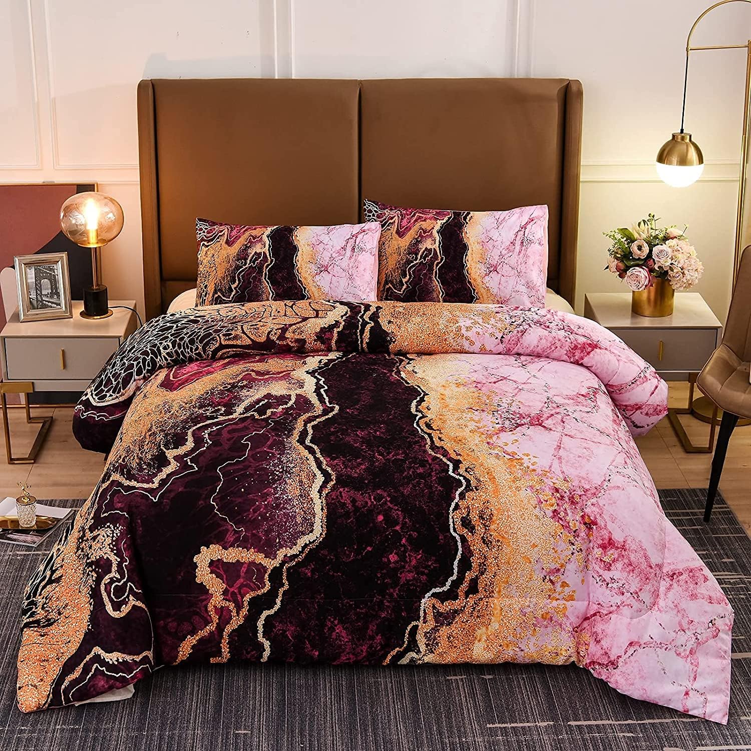 A Nice Night Juego de ropa de cama con estampado de mármol como montaña ardiente, diseño de ilustraciones de acuarela de estilo retro, juego de