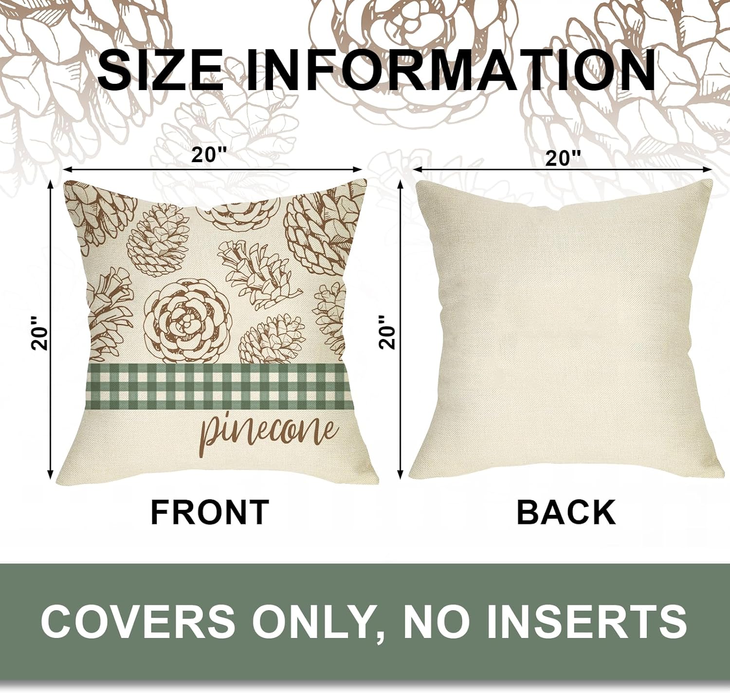 Hello Winter – Juego de 4 fundas de cojín decorativas de cono de pino de 20 x 20 pulgadas, Let It Snow con hojas de pino verde, búfalo a cuadros,
