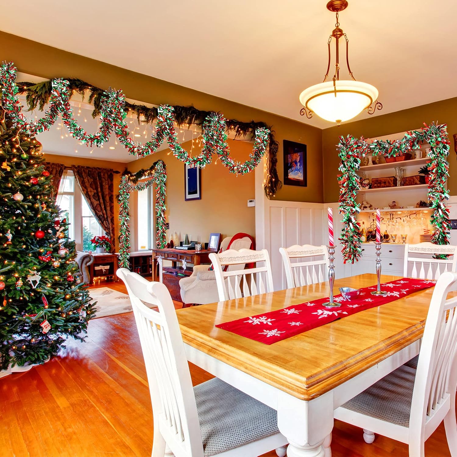 Guirnalda de oropel de Navidad de 200 pies, decoración de árbol de Navidad, guirnalda de oropel con brillantina, guirnalda metálica para colgar al