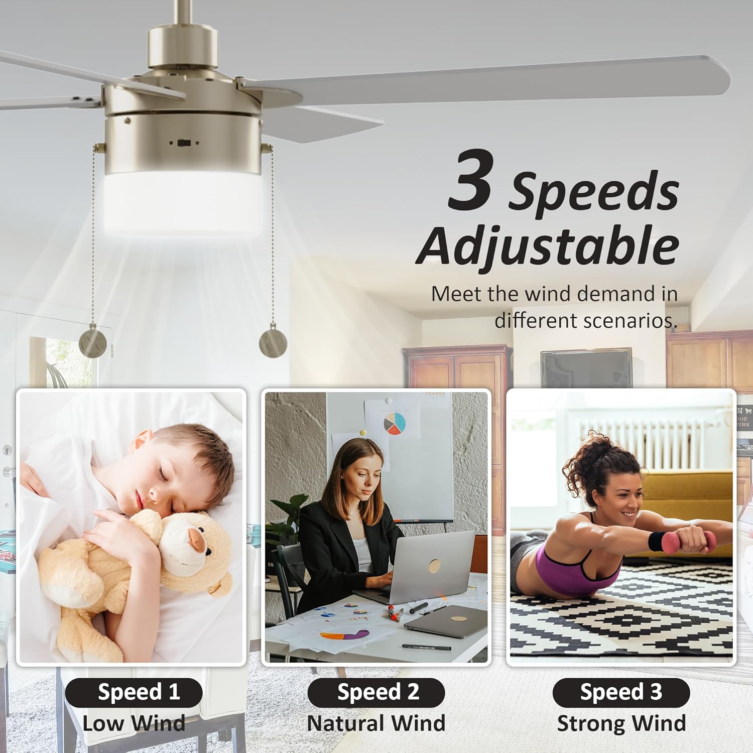 Carro Ventilador de techo plateado de 52 pulgadas con luces LED, motor reversible silencioso, 3 velocidades, cadena de tracción y 2 opciones de