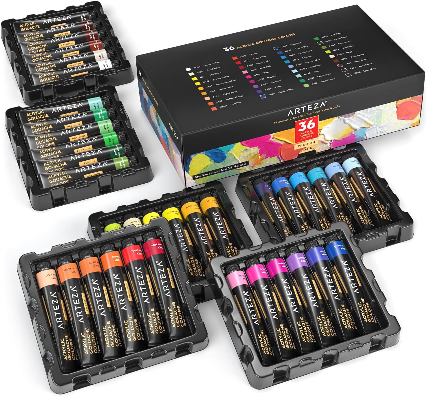 ARTEZA Pintura acrílica gouache, juego de 36 colores básicos, acabado mate, tubos de 0.74 onzas, suministros de arte para artistas profesionales y