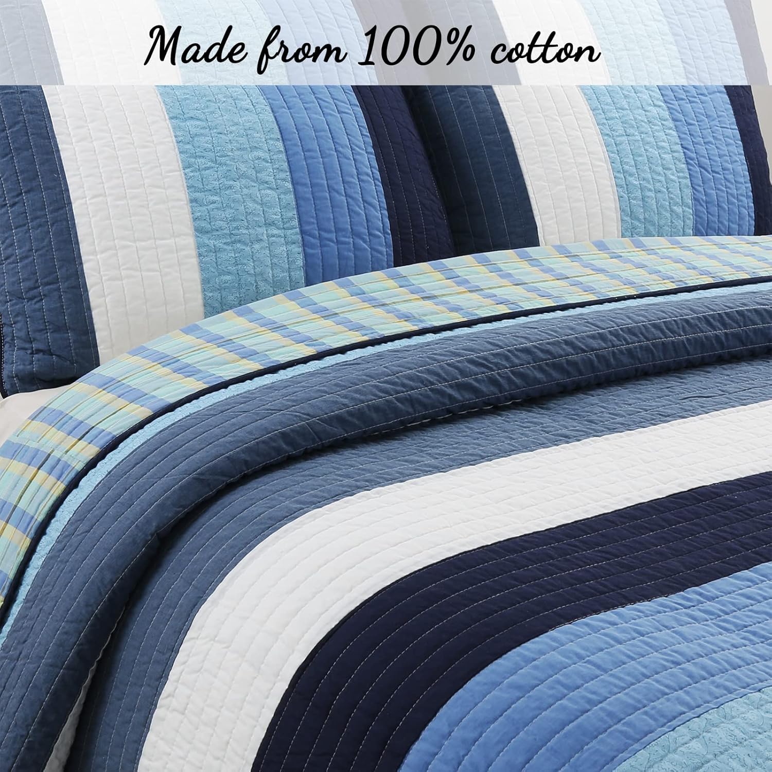 Cozy Line Home Fashions Juego de ropa de cama reversible de 100% algodón a rayas azul marino, colcha (Preston, Queen, 3 piezas)