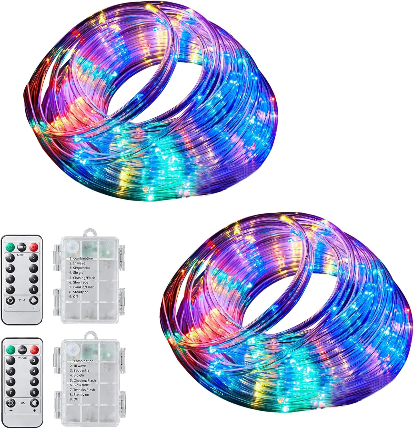 Cuerda de luces LED, paquete de 2 luces de Navidad multicolor para exteriores con control remoto, 40 pies, 120 LED, 8 modos, tira impermeable,