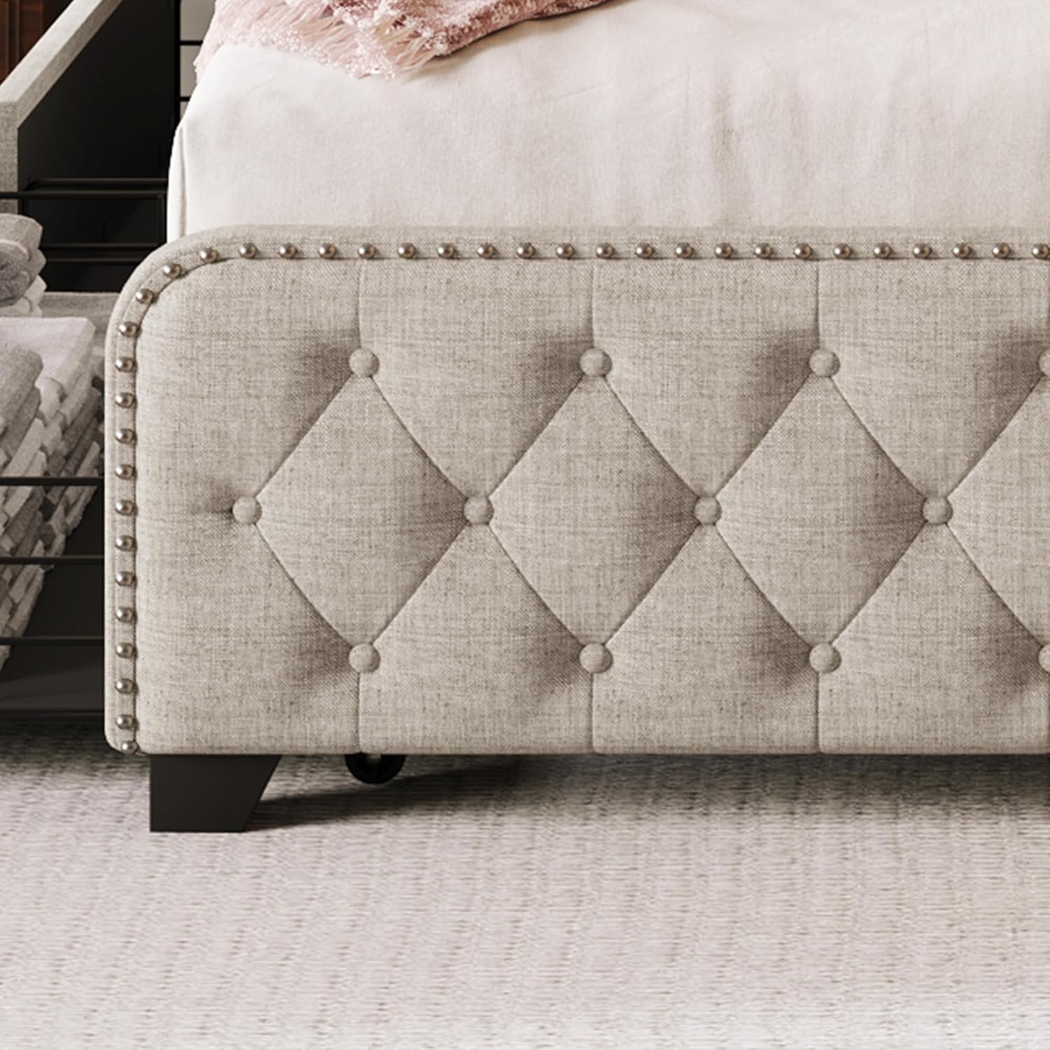 Bellemave Base de cama de plataforma completa con 4 cajones de almacenamiento y cabecero y estribo con botones, soporte de metal resistente, no
