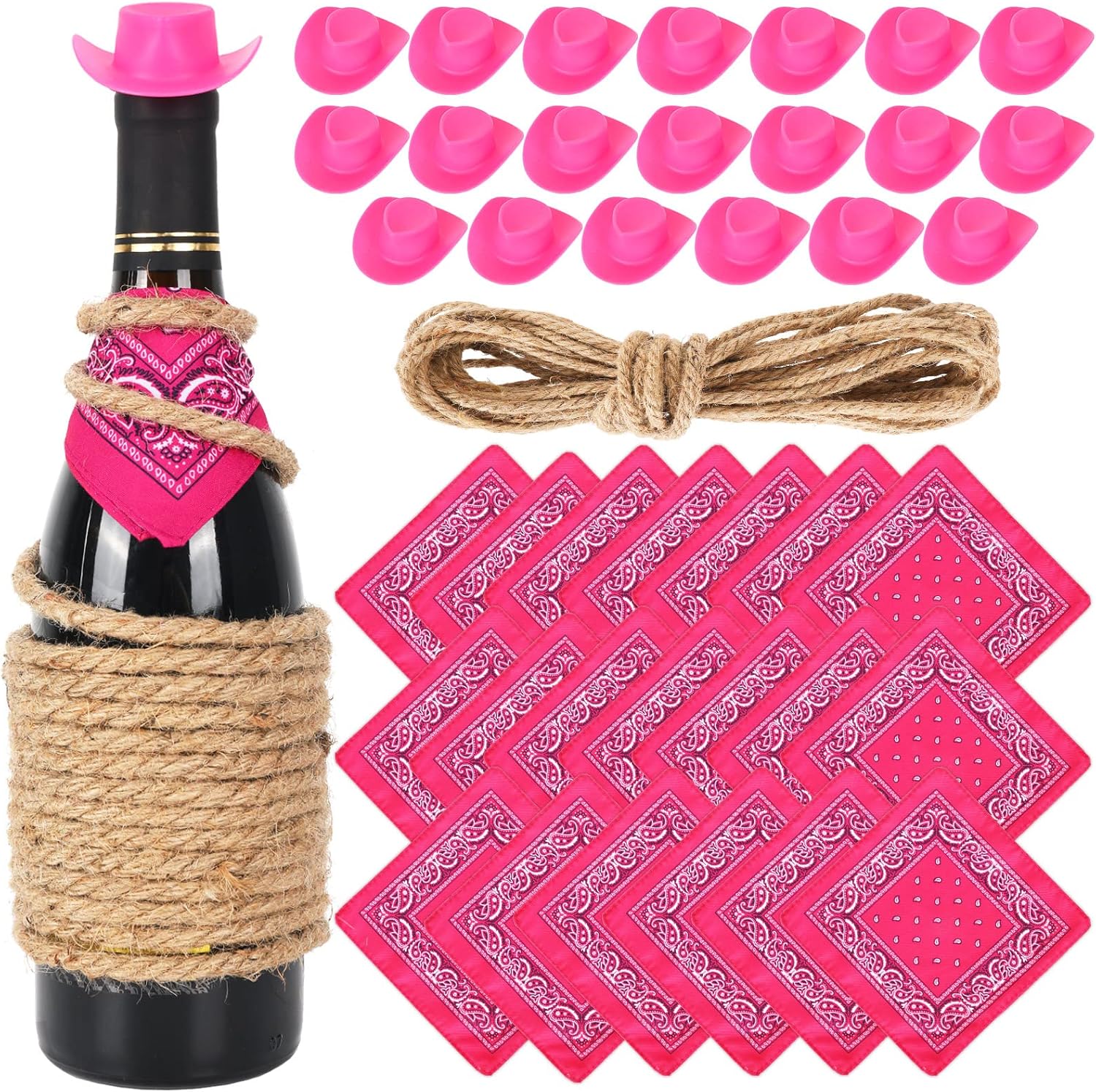 Whaline 20 sombreros de vaquero occidentales con mini bandanas, sombrero miniatura rosa, mini vaquera botella de vino rosa, para disfrazarse,