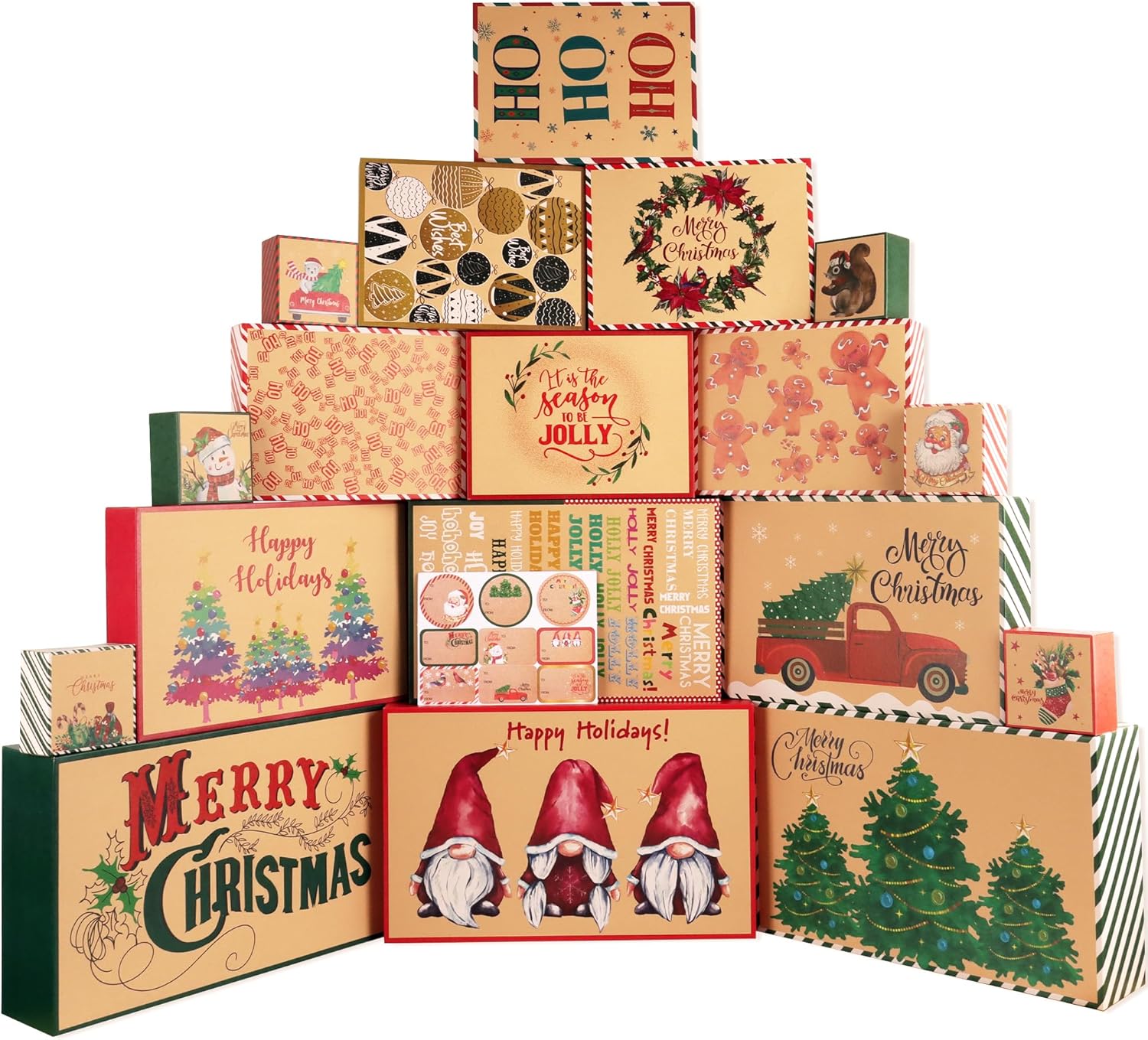 POPGIFTU 18 cajas de Navidad de papel kraft con tapas para regalos (4 tamaños y 18 diseños), cajas de regalo de Navidad a granel con etiquetas
