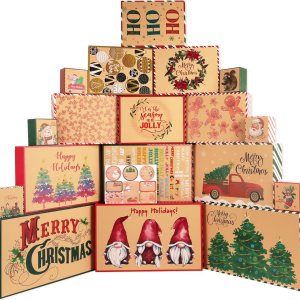 POPGIFTU 18 cajas de Navidad de papel kraft con tapas para regalos (4 tamaños y 18 diseños), cajas de regalo de Navidad a granel con etiquetas POPGIFTU 18 cajas de Navidad de papel kraft con tapas para regalos (4 tamaños y 18 diseños), cajas de regalo de Navidad a granel con etiquetas