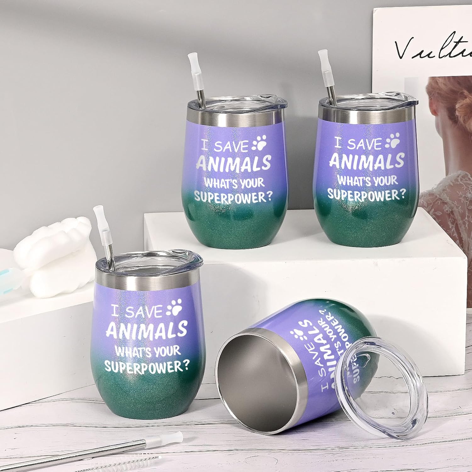 Paquete de 4 vasos de vino con tapa, diseño de texto en inglés “I Save Animals, Whats Your Superpower”, de acero inoxidable, ideas de cumpleaños y