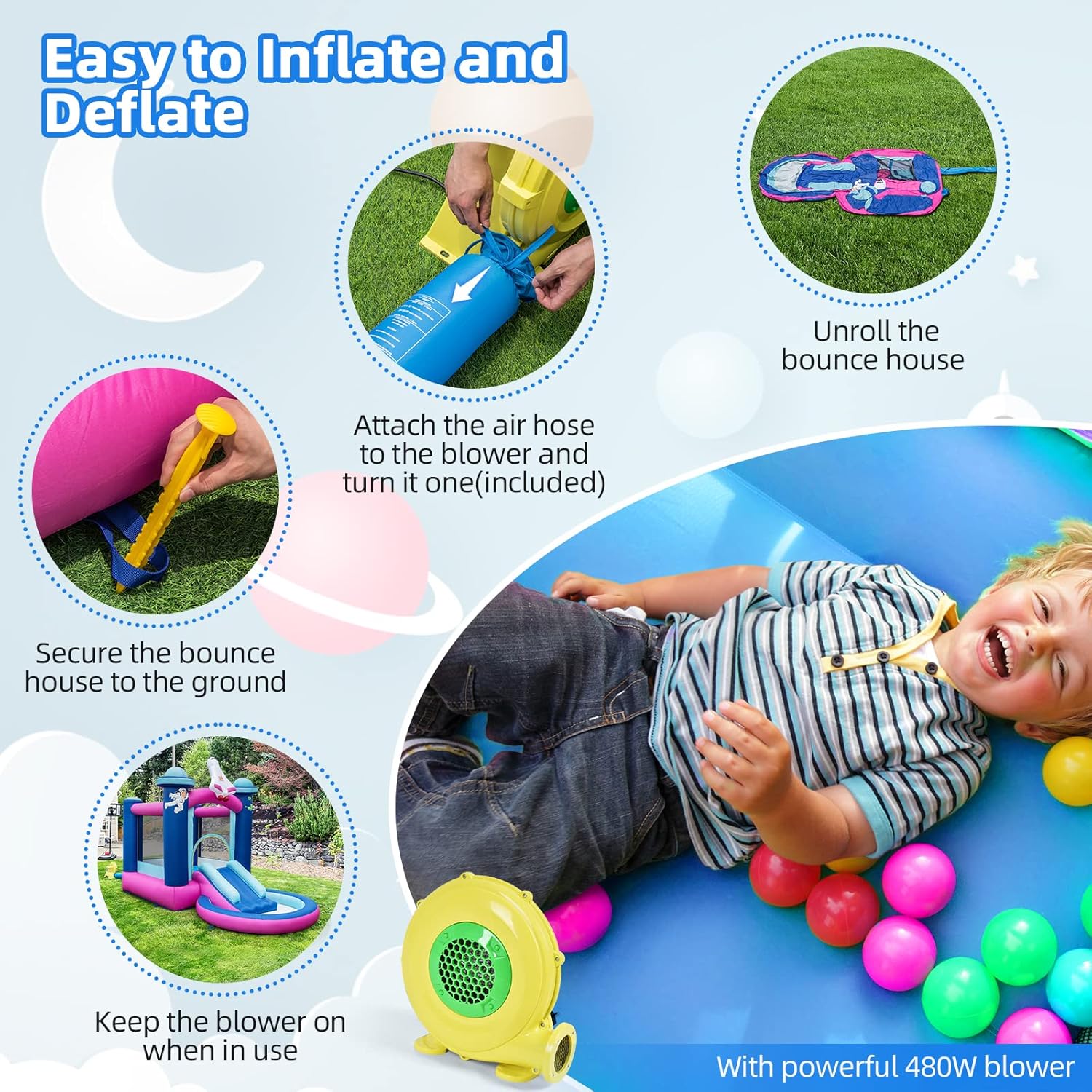 BOUNTECH Casa inflable de rebote, castillo animoso para diversión de fiesta infantil con tobogán, piscina de pelotas, temática espacial, casa de