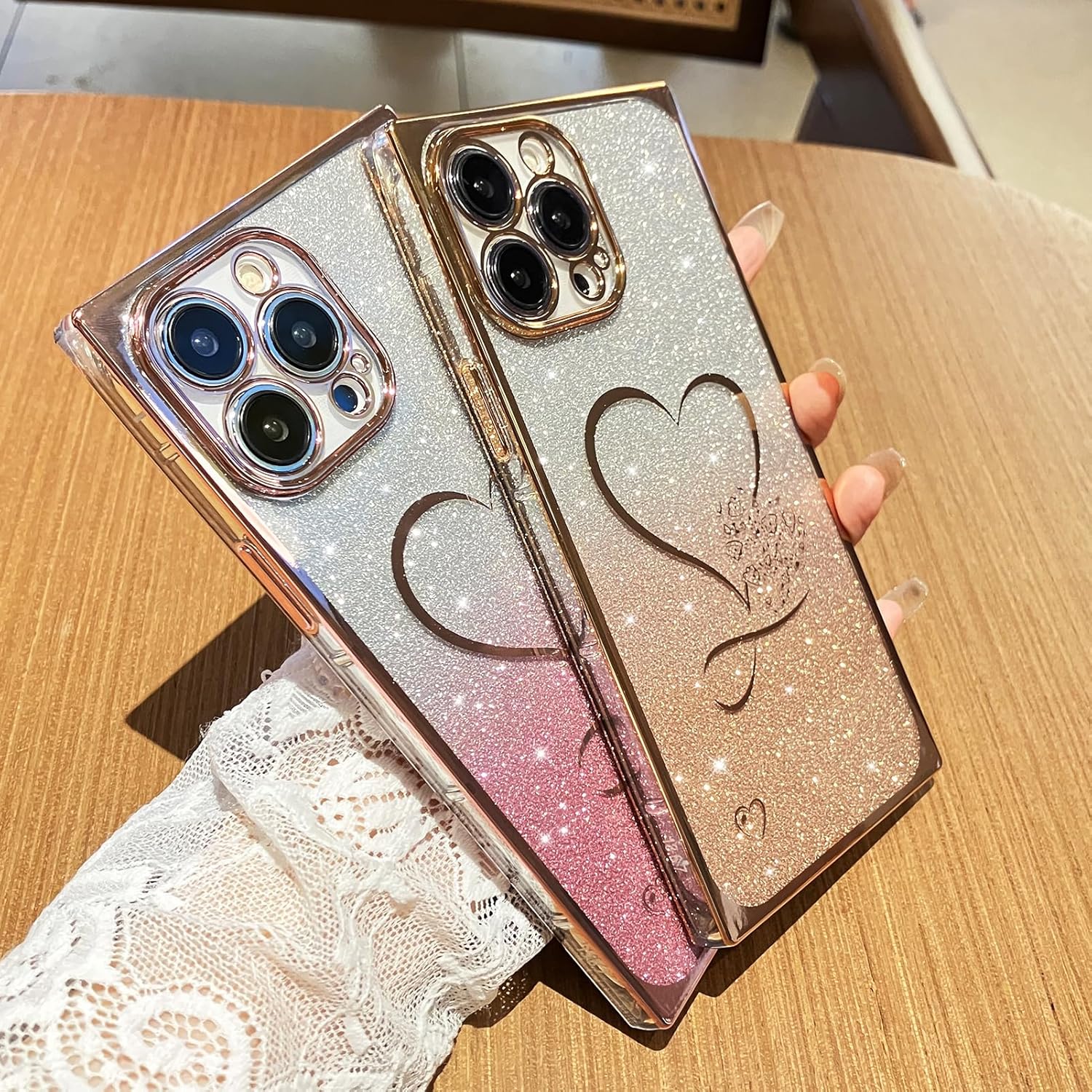 Funda para iPhone 12 Pro Max Gardient con purpurina, cubierta cuadrada brillante con bonito corazón chapado para mujeres y niñas, protección de