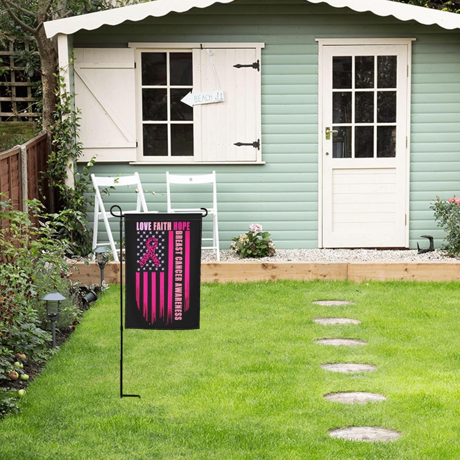 Bandera de jardín de concientización sobre el cáncer de mama para patio al aire libre, bandera estadounidense vertical de doble cara, decoración al