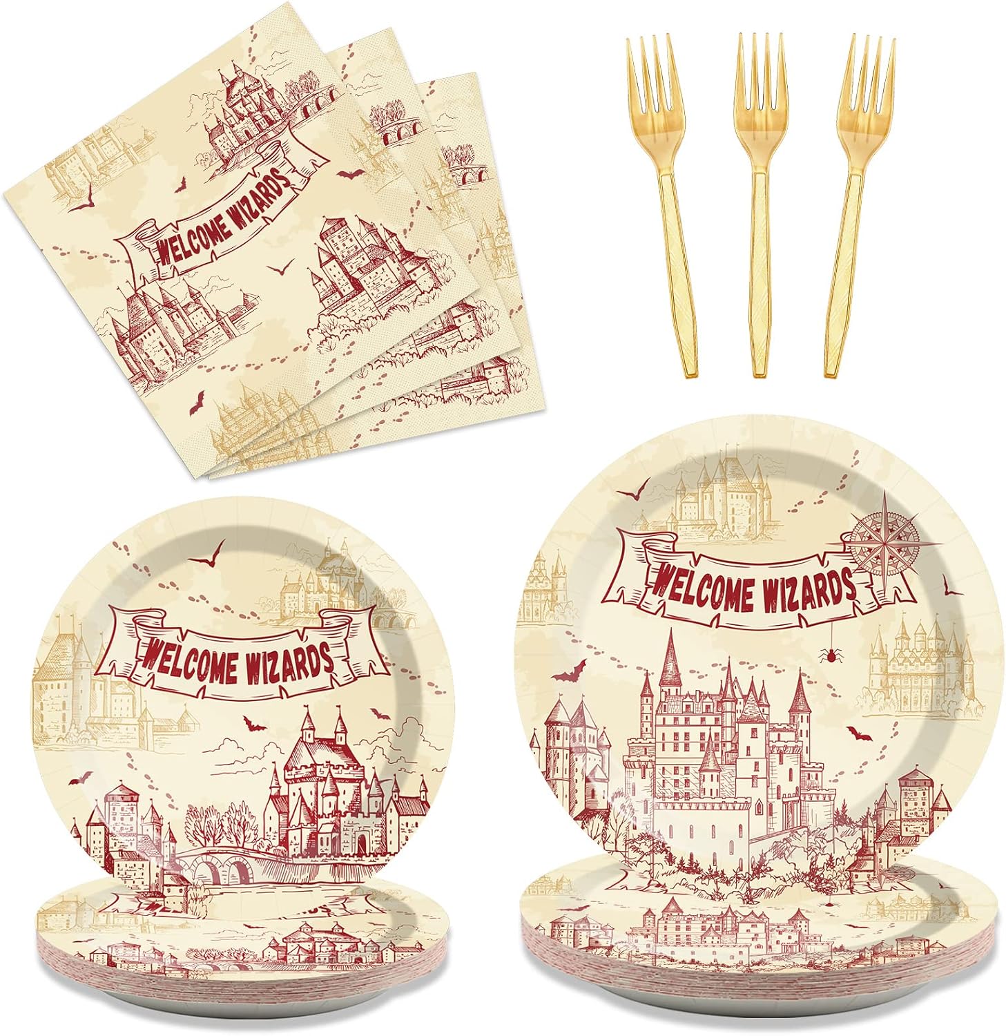chiazllta 96 platos y servilletas de papel para fiesta de mago mágico, platos de fiesta temática de mago, platos de cumpleaños de castillo vintage y