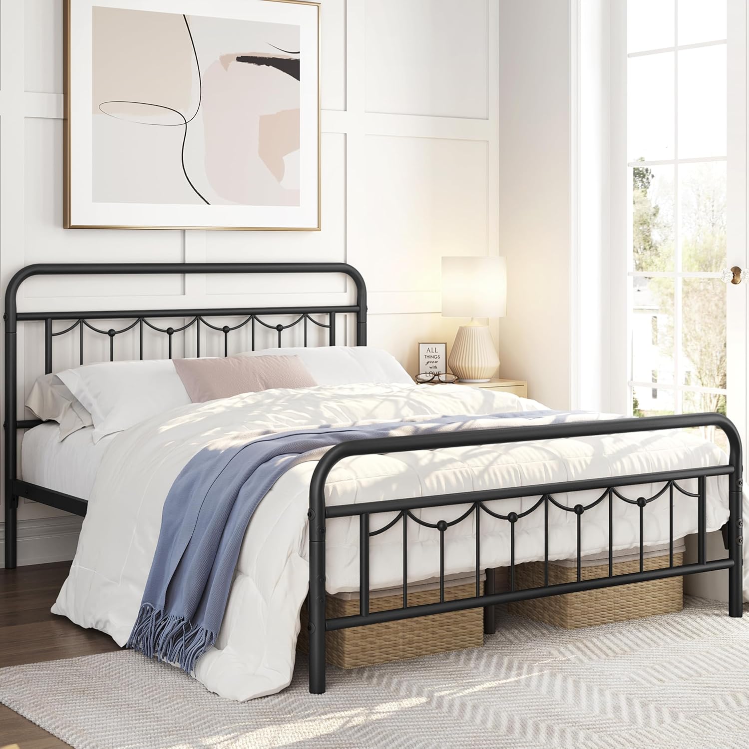 Topeakmart Marco de cama de metal completo con cabecera y estribo vintage, marco de cama de metal resistente de 13 pulgadas con almacenamiento,