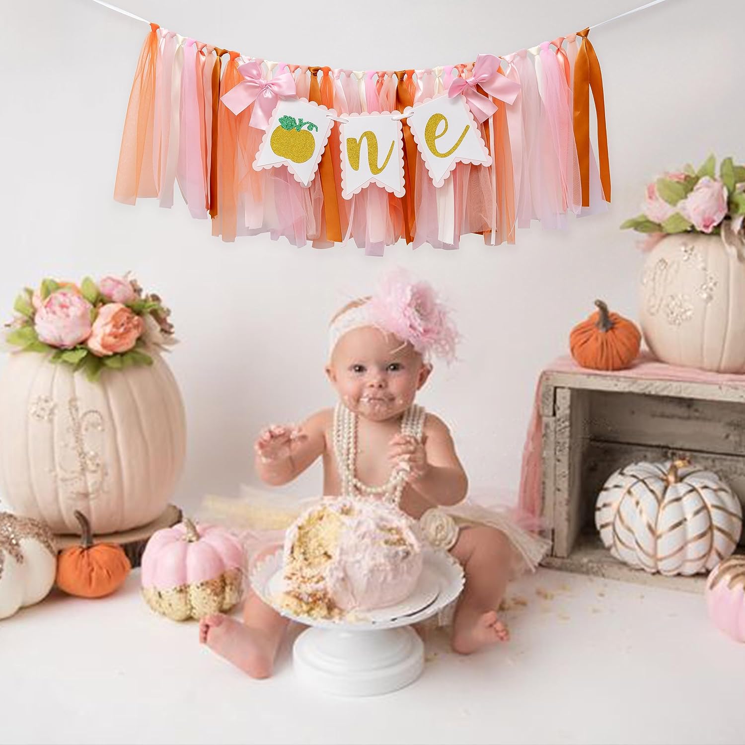 Cartel de calabaza para silla alta, decoración de primer cumpleaños, decoración de fiesta de primer cumpleaños, pancarta de cinta rosa naranja para