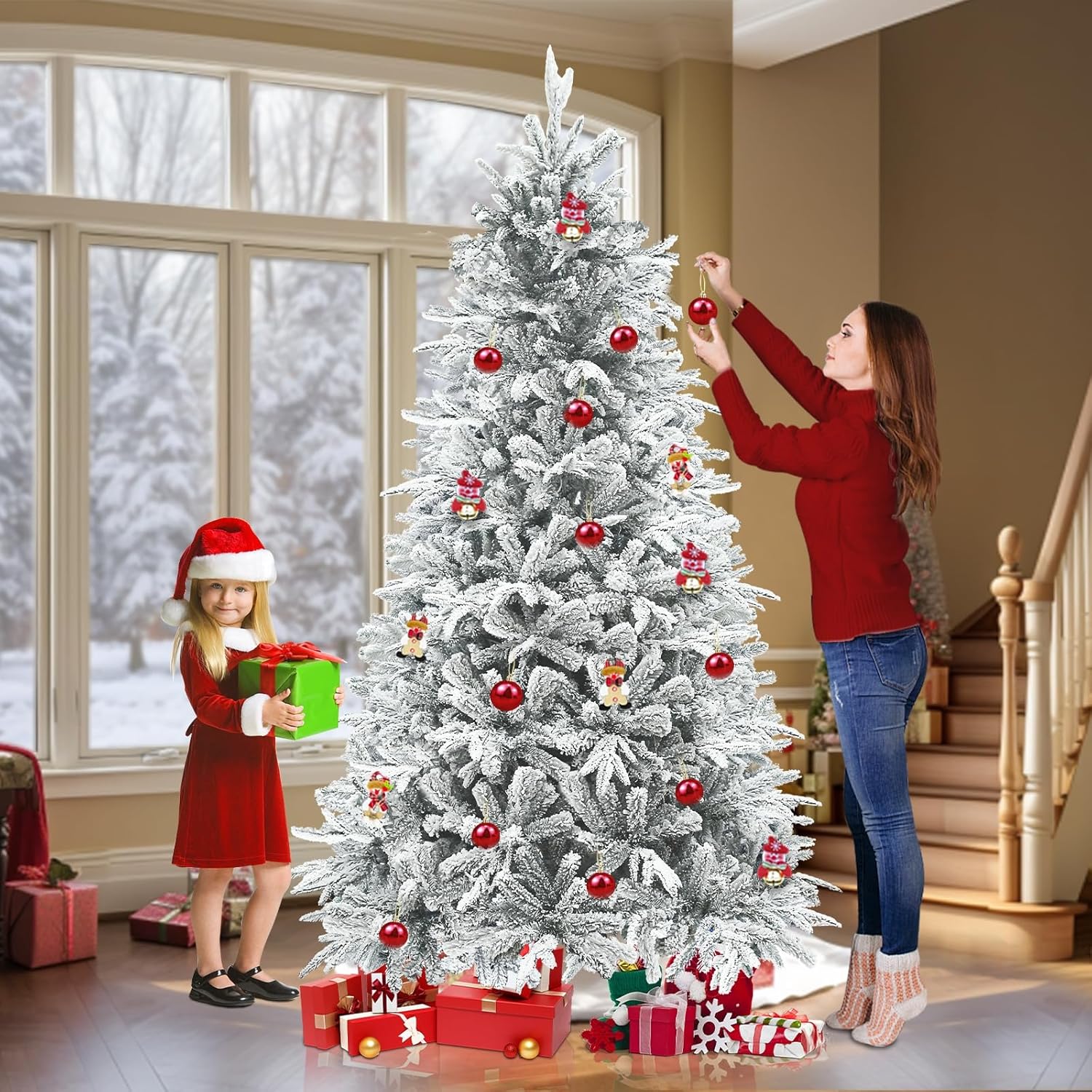 Tacto muy grueso y realista Árbol de Navidad artificial lleno de nieve preiluminado de 6 pies, 965 puntas de ramas de polietileno y PVC, 340 luces