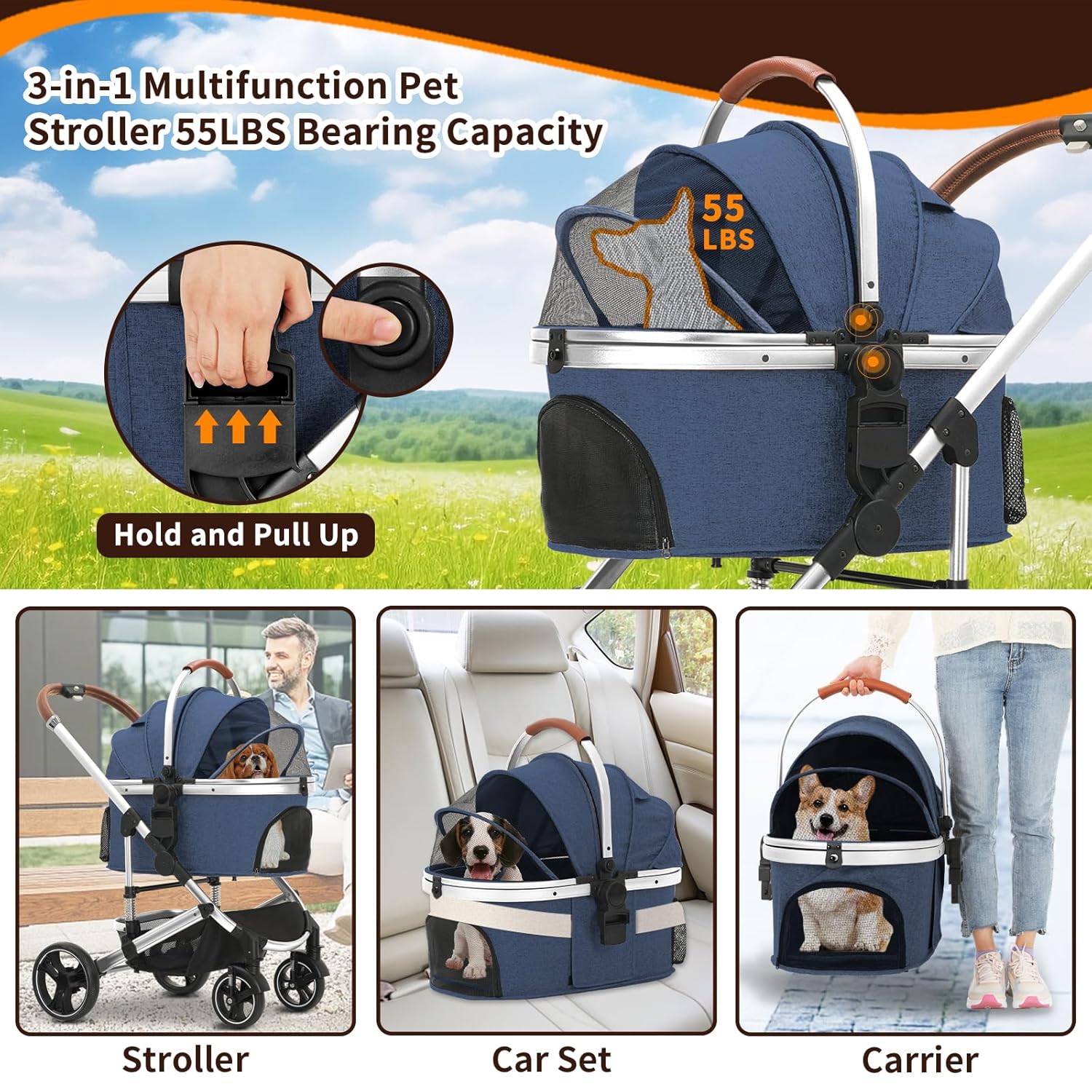 Ingborsa Cochecito para mascotas 3 en 1, plegable, ligero, con transportador desmontable y cesta de almacenamiento, cochecito de viaje de 4 ruedas