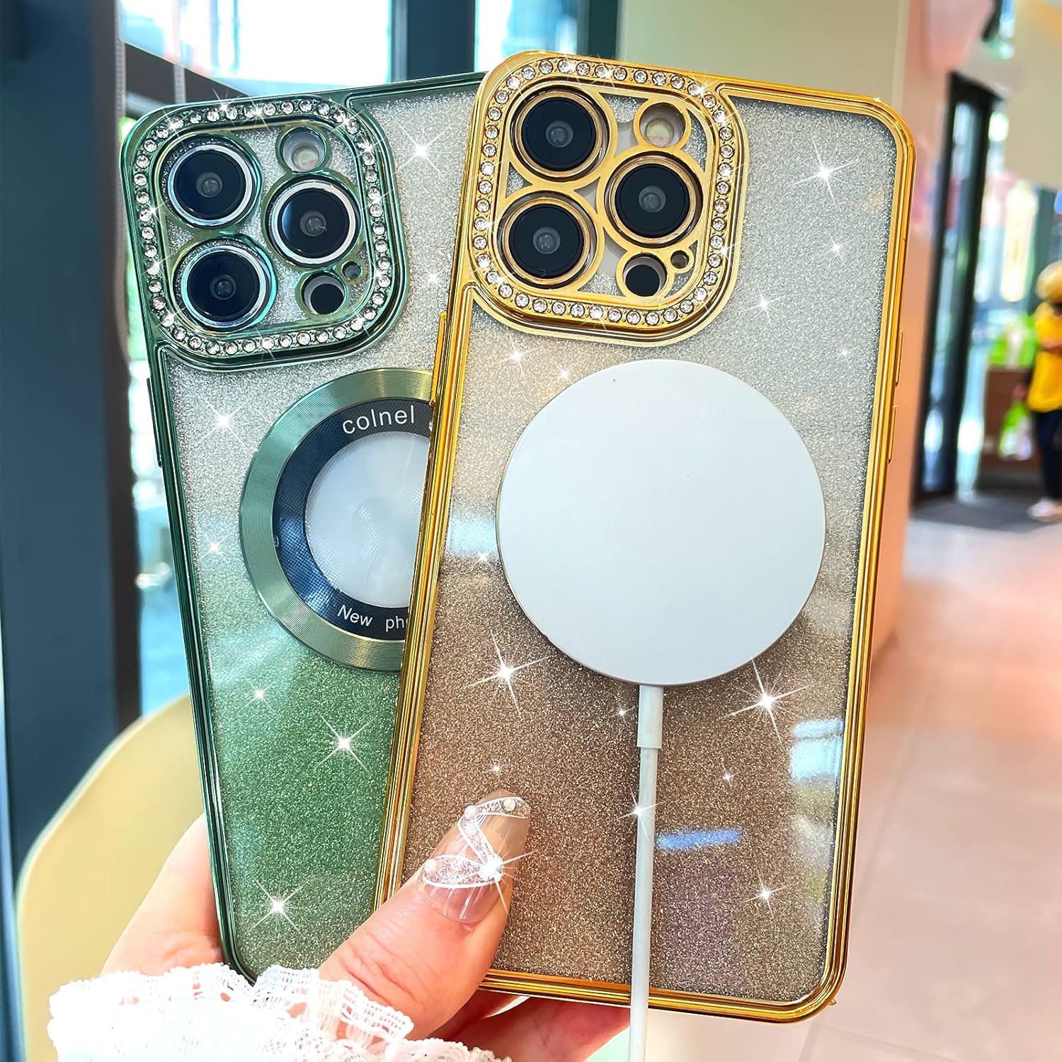 MZELQ Funda para iPhone 14 Pro Max con purpurina degradada Soporte para MagsafeProtector de cámara con diamantes magnéticos, vista de logotipo,