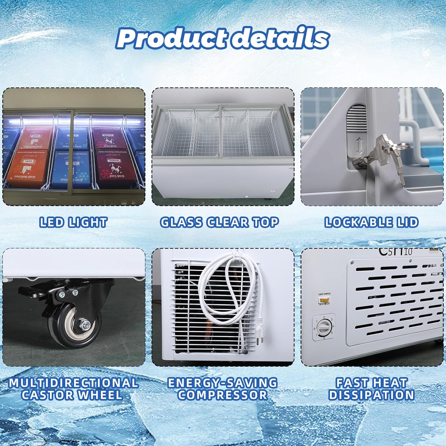 Congelador comercial de 16 pies cúbicos con luz LED, rango de temperatura de -8 F y 0 F, congelador de pantalla superior de vidrio con 6 cestas de