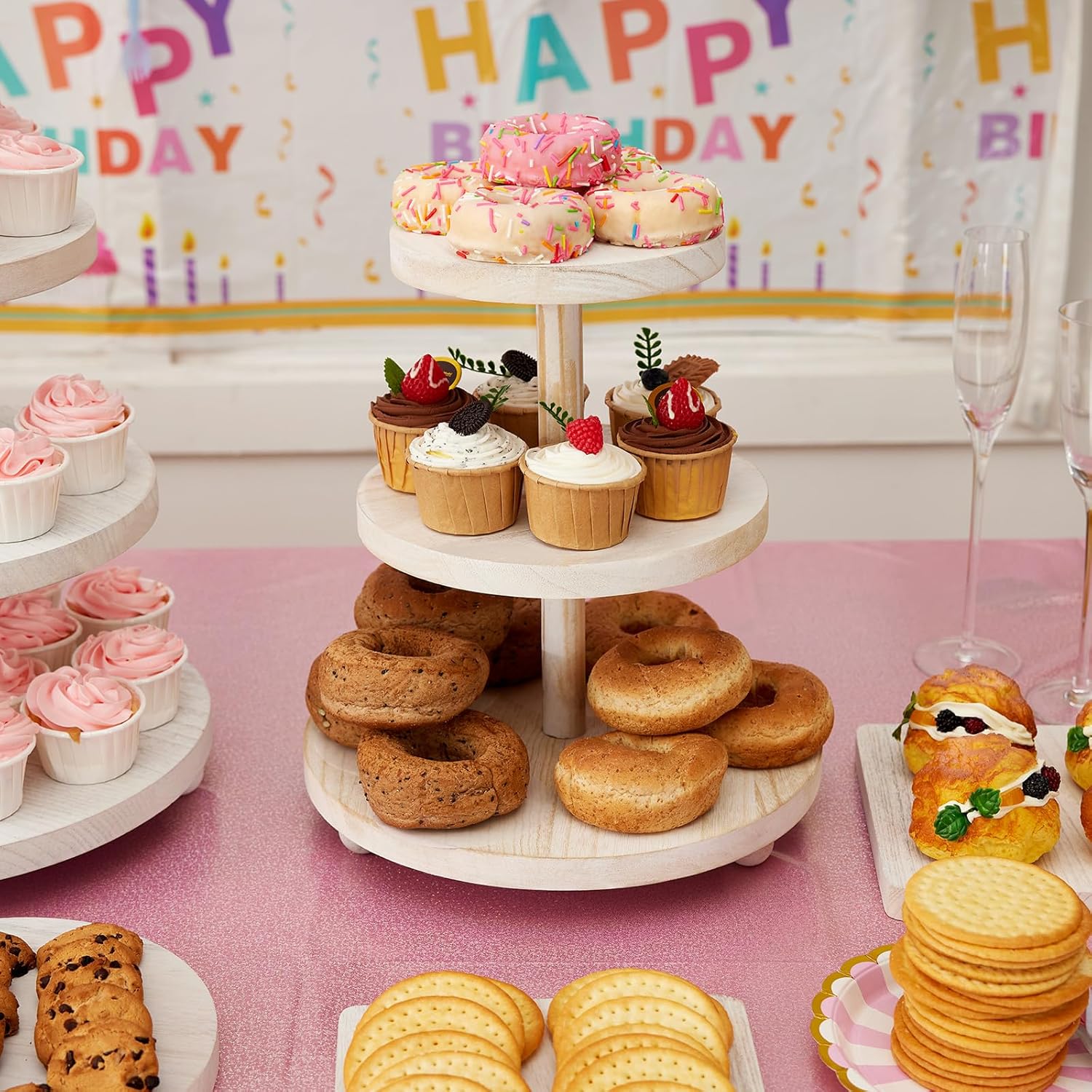 Soporte redondo para cupcakes de 3 niveles, soporte de madera para pasteles con decoración de bandeja escalonada, soporte rústico para tartas,