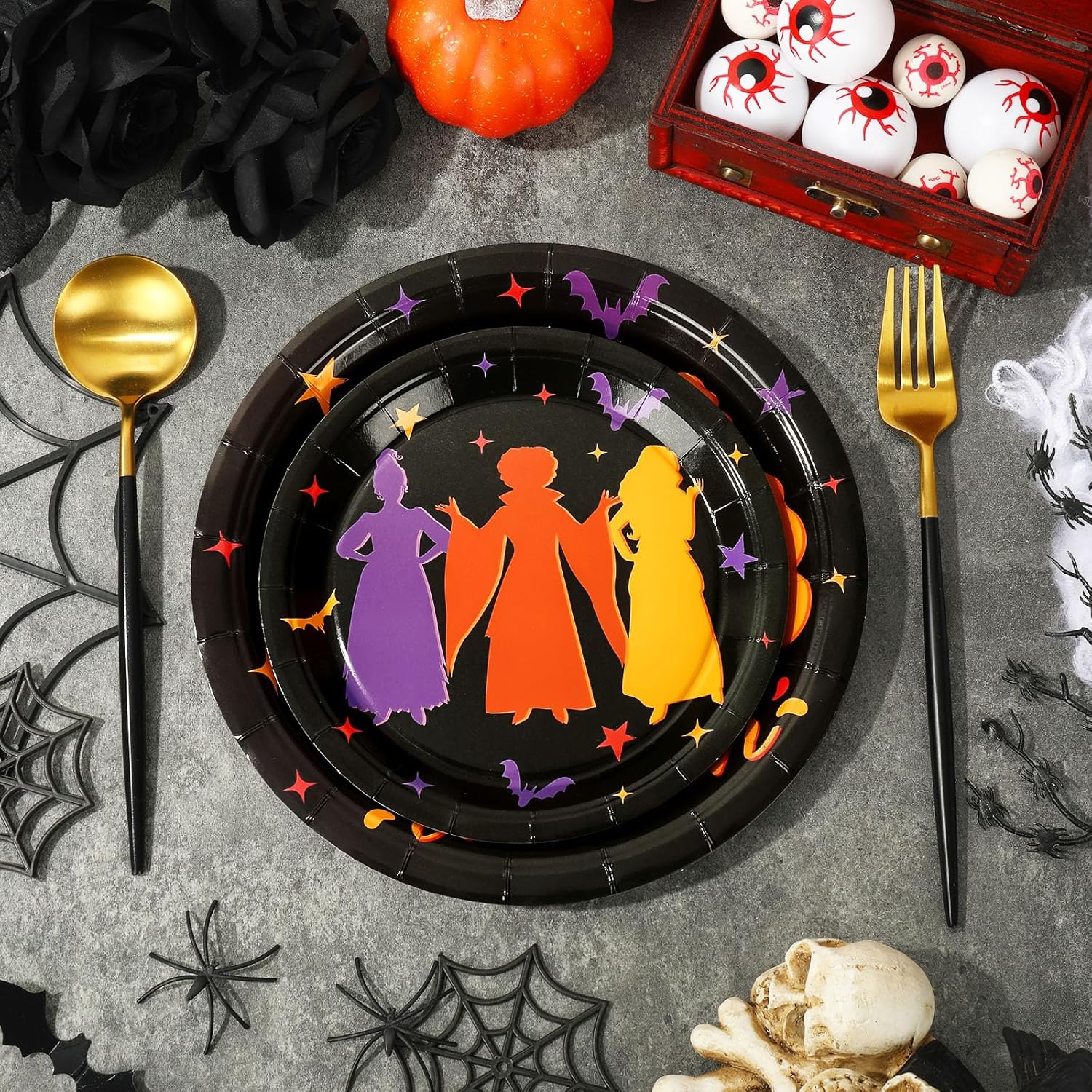 Whaline Juego de 40 platos de papel de Halloween con diseño de bruja Hocus Pocus, platos desechables para fiesta de Halloween, vacaciones, cena,