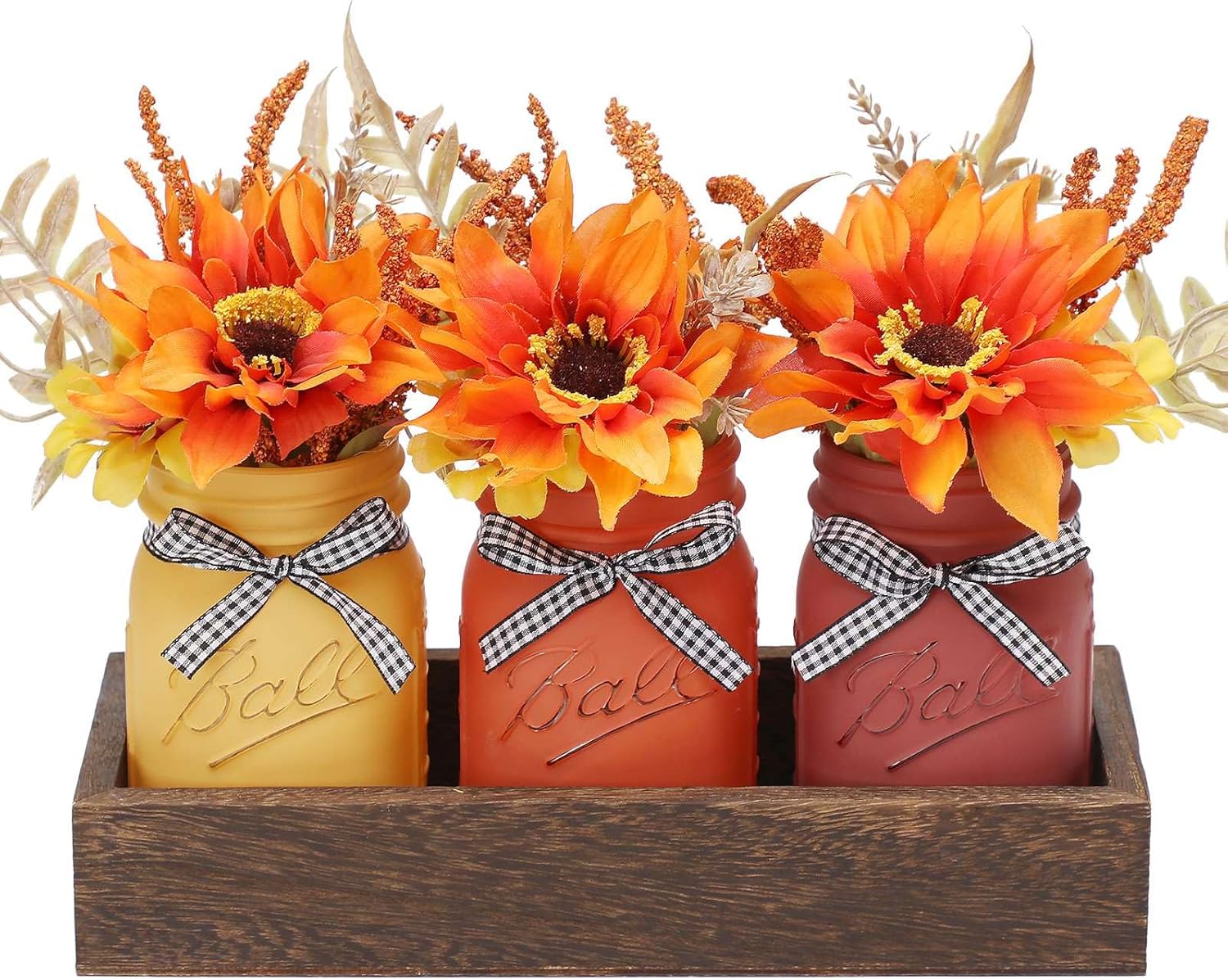 Centro de mesa de Acción de Gracias con flores artificiales, juego de 3 tarros de masón, tarros decorativos de granja para decoración de cena del