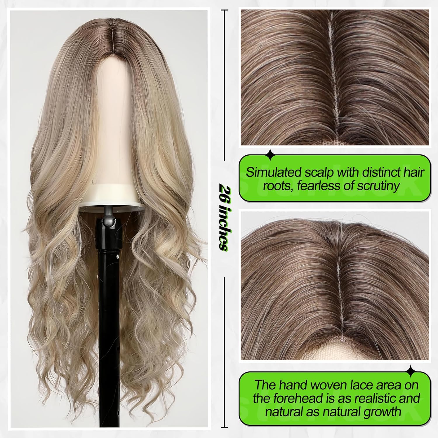 starluck Peluca larga ondulada color rubio ceniza ombré para mujer, 26 pulgadas, parte media, peluca rizada de aspecto natural, peluca de fibra