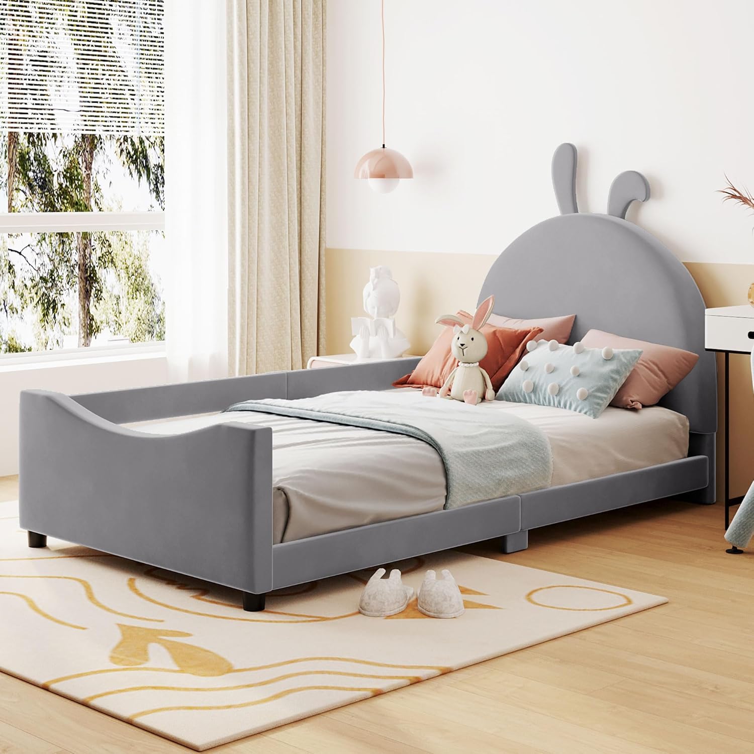 Marco tapizado de cama individual para niños con bonita cabecera de dibujos animados, cama de plataforma doble de madera para niñas y niños