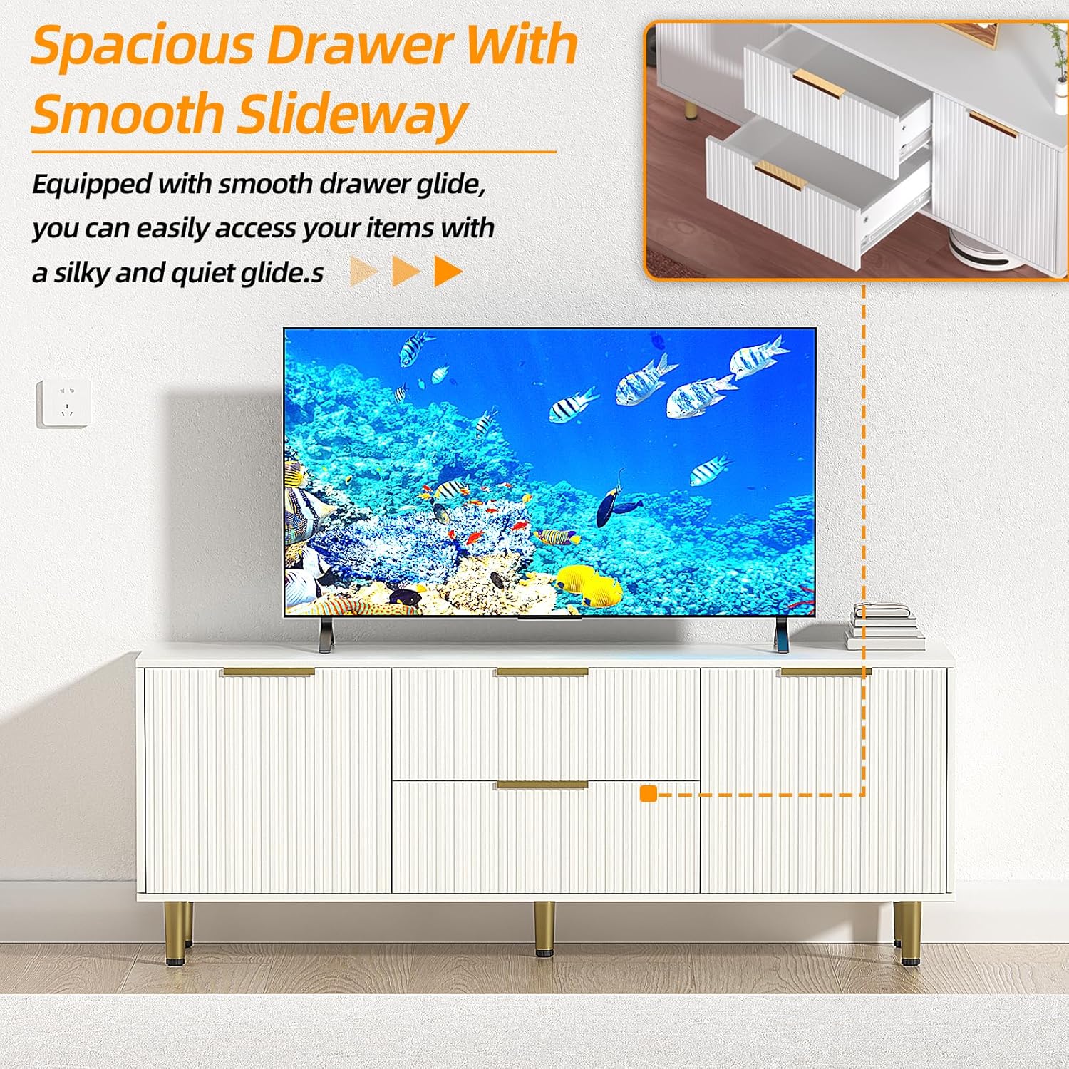 Furniwood Soporte de TV moderno de mediados de siglo para TV de más de 65 pulgadas, centro de entretenimiento con almacenamiento y 2 cajones