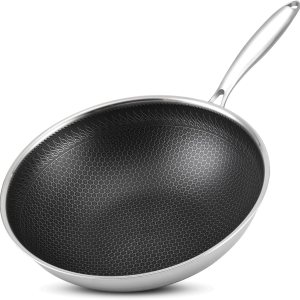 Vegoran Sartén wok de 12 pulgadas, wok de acero inoxidable, sartén antiadherente de panal con asa, sin PFOA, adecuado para cocinas de inducción, Vegoran Sartén wok de 12 pulgadas, wok de acero inoxidable, sartén antiadherente de panal con asa, sin PFOA, adecuado para cocinas de inducción,
