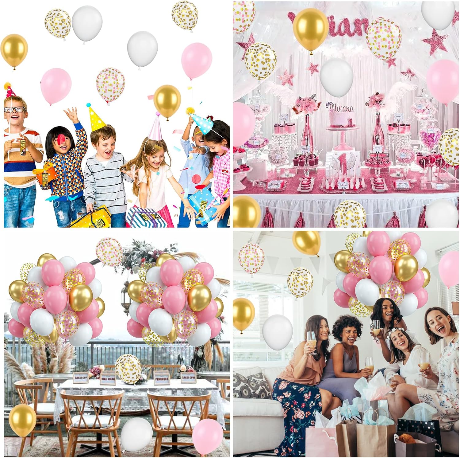 Biapian Globos de oro rosa, 60 globos rosa, blanco y dorado, globos de confeti dorado metálico de 12 pulgadas, globo de látex rosa pastel, helio