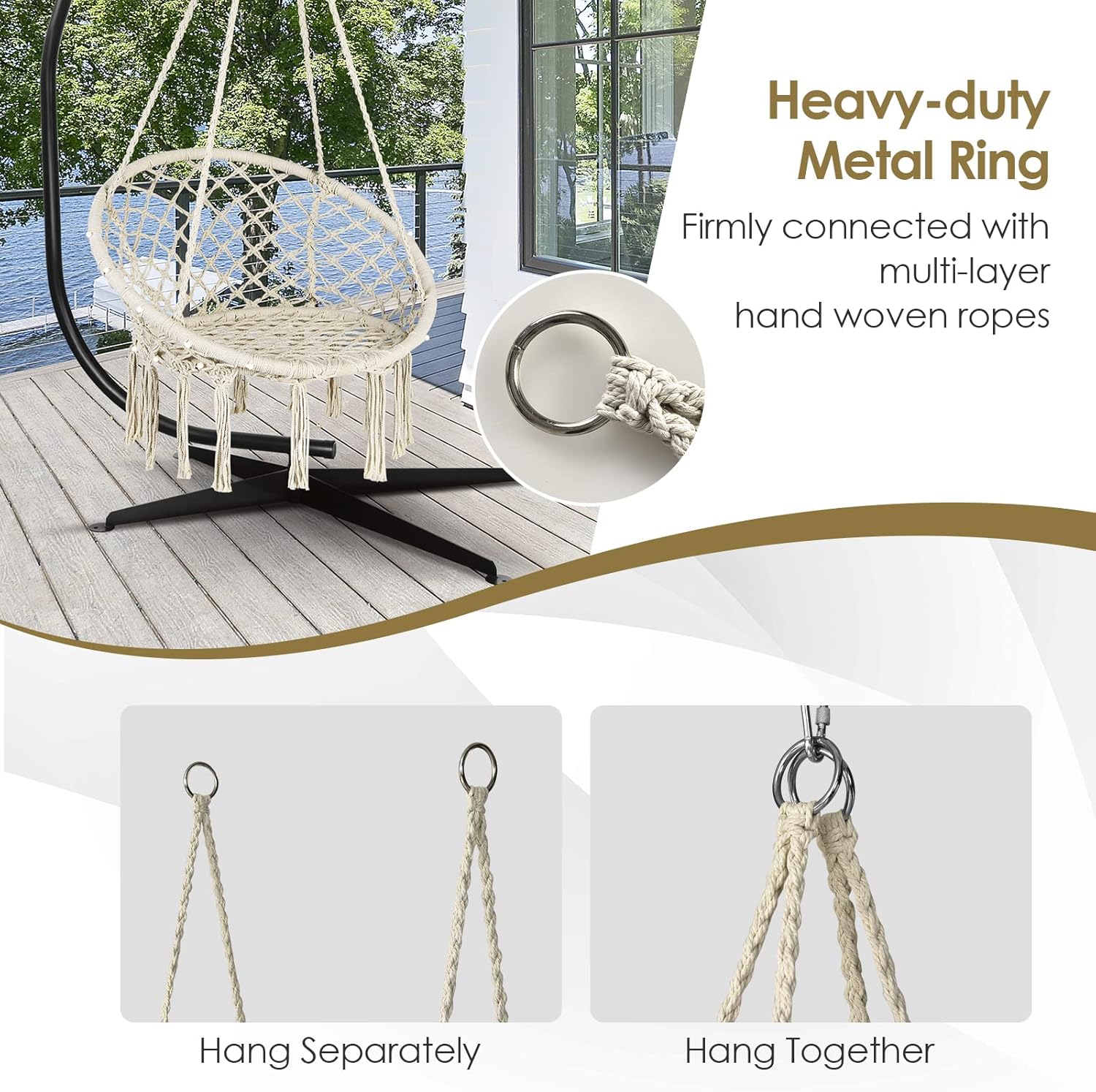 Tangkula Silla hamaca con luces, columpio de macramé con borlas, cuerda de algodón tejida a mano, estilo bohemio para interiores y exteriores, silla
