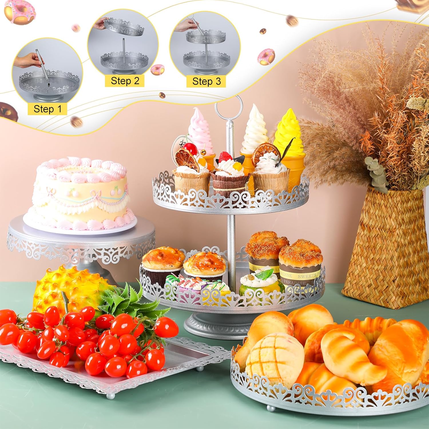 Tioncy Juego de 8 soportes para tartas, soportes de exhibición de mesa de postres de metal para mesa de postres, soporte para cupcakes escalonados,