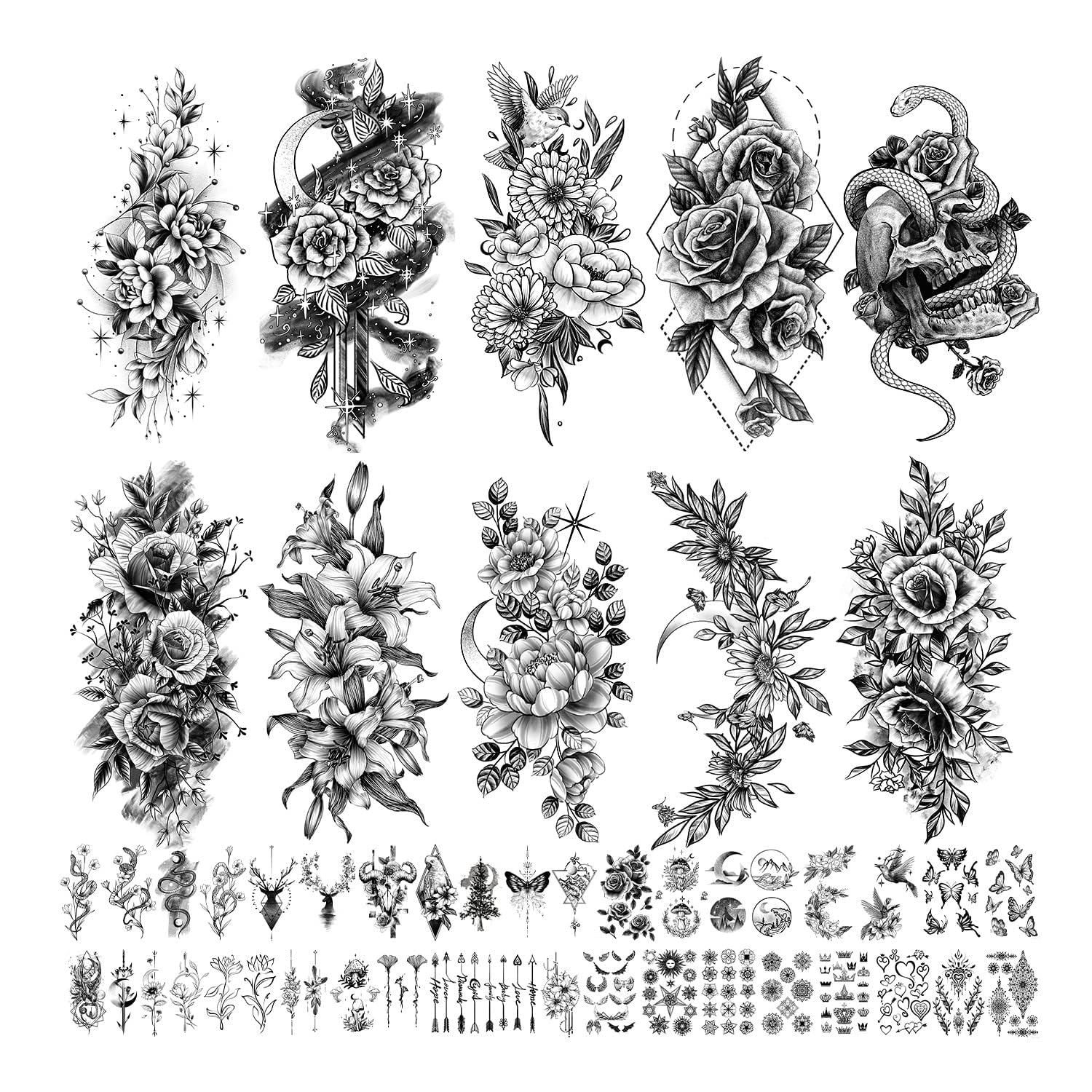Leesgel 69 hojas de tatuajes temporales para adultos, diseño de flores, luna, rosa, serpiente, media manga, calcomanías de tatuaje para mujeres y