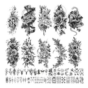 Leesgel 69 hojas de tatuajes temporales para adultos, diseño de flores, luna, rosa, serpiente, media manga, calcomanías de tatuaje para mujeres y Leesgel 69 hojas de tatuajes temporales para adultos, diseño de flores, luna, rosa, serpiente, media manga, calcomanías de tatuaje para mujeres y