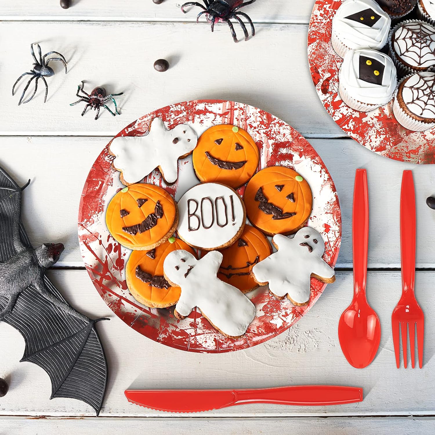 SelfTek Juego de vajilla de 177 piezas de suministros para fiesta de Halloween, decoraciones de fiesta de Halloween, vajilla desechable, platos de
