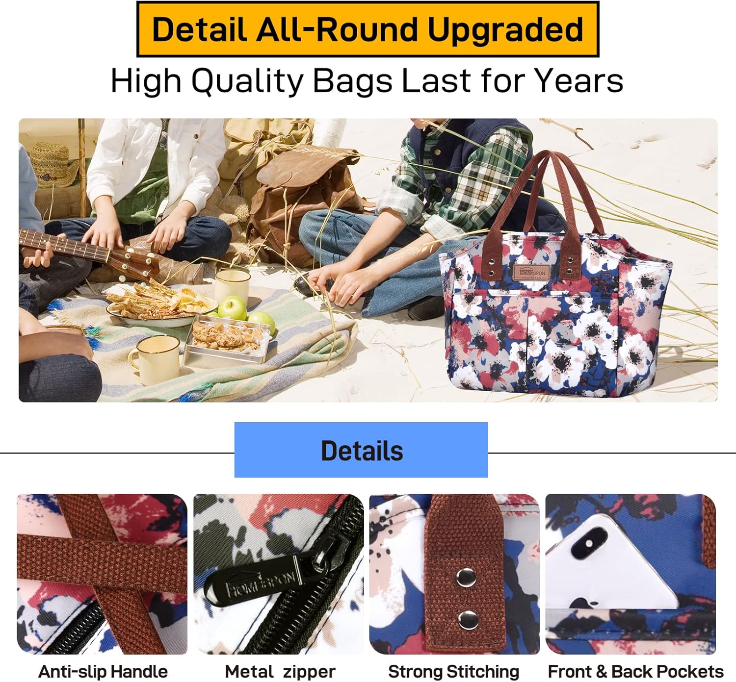 HOMESPON – Lonchera moderna, térmica para caliente y frío, reutilizable, con bolsillos, para mujeres y hombres, para el trabajo, para ir de compras